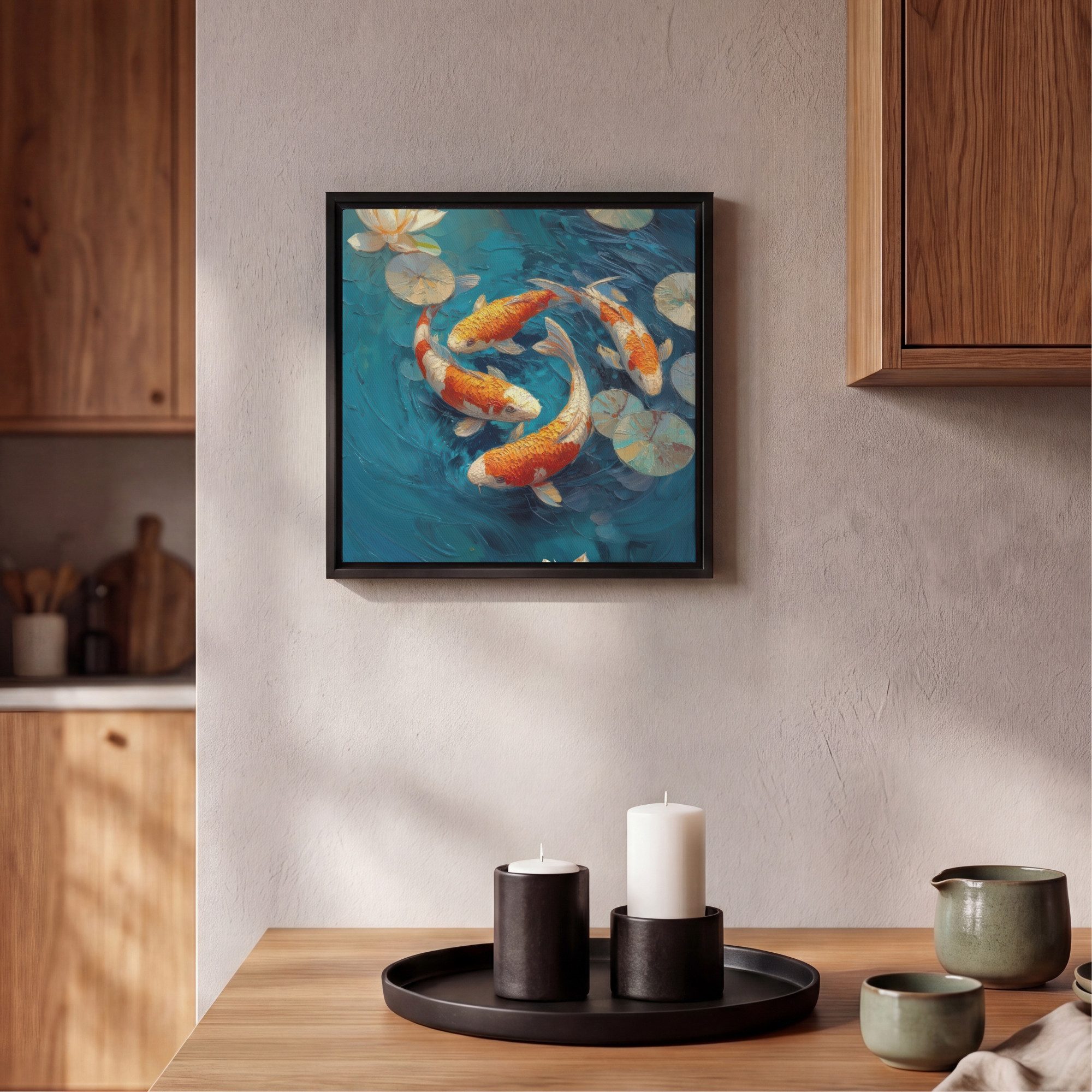 OneMillionCanvasses® Leinwandbild mit Rahmen - Fische - Seerosen - Orange - Wasser, Fotodruck (1 St), Leinwand Bilder Klein, Wand Dekoration Aesthetic 20x20cm – Bild 2 von 5
