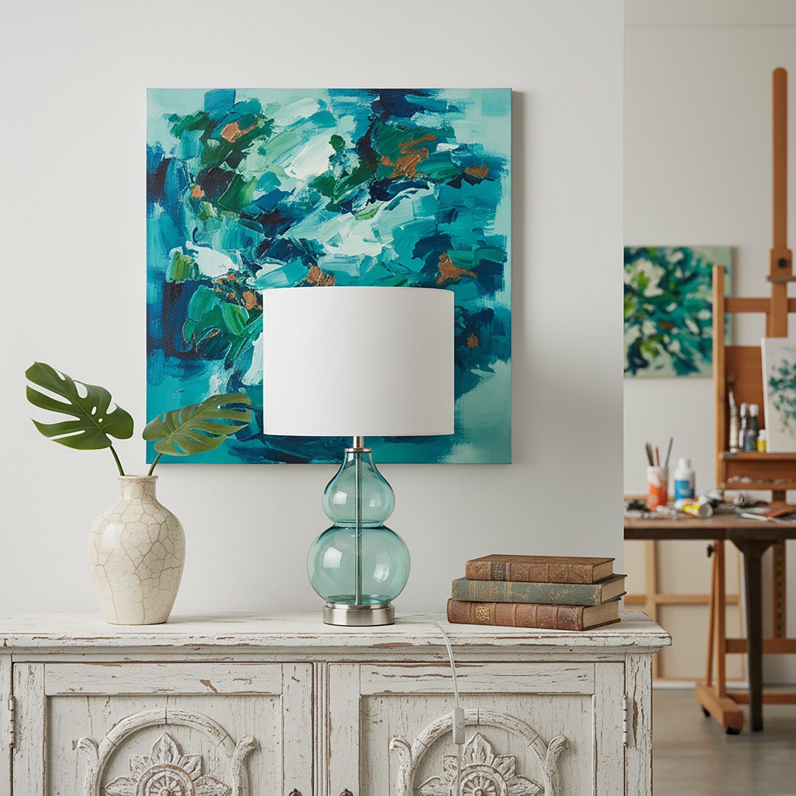 relaxdays Nachttischlampe Tischlampe Glasfuß & Stoffschirm, ohne Leuchtmitt günstig online kaufen