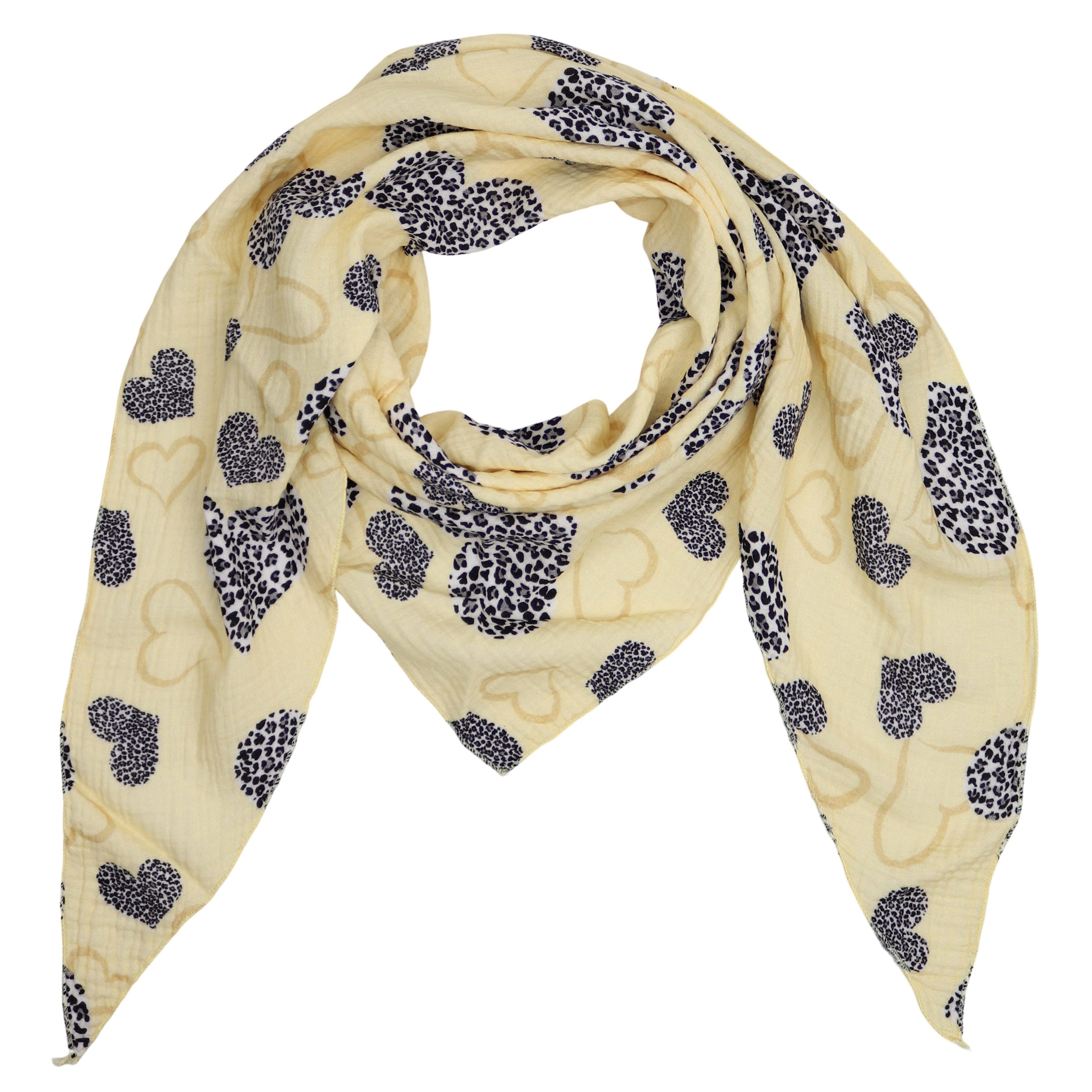 MIRROSI Dreieckstuch Aus Musellin Dreiecksschal ca.195x90 cm, Made in Italy, (Leicht, ideal für das ganze Jahr; 100% Baumwolle), in tollen Farben (Leo Love Muster)