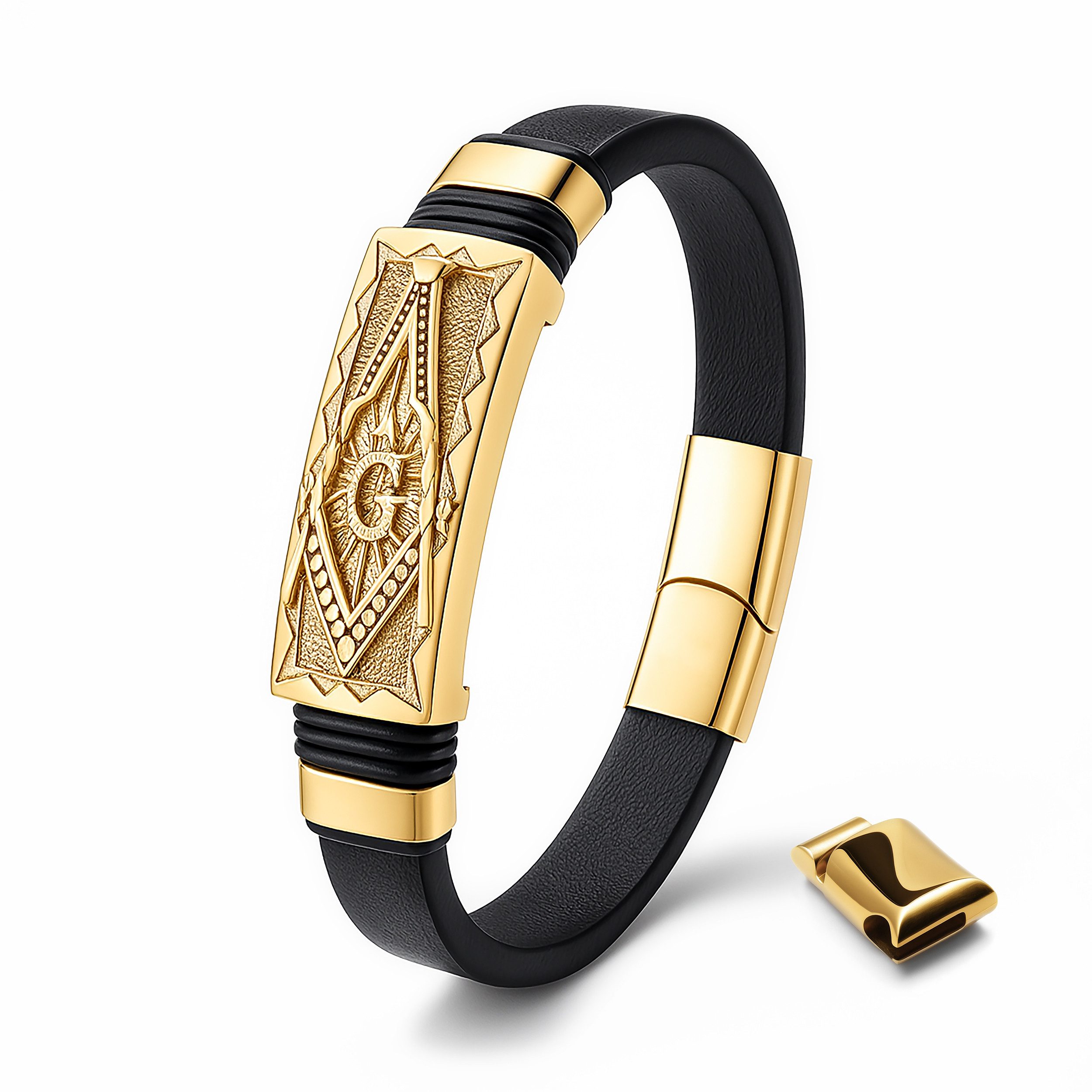 UNIQAL.de Lederarmband TOTEM Masonic Freimaurer – Echtleder & Edelstahl in Gold oder Schwarz (Herren Accessoire, Geschenkidee, Handarbeit, Symbolschmuck, Unisex), Hochwertig verarbeitet