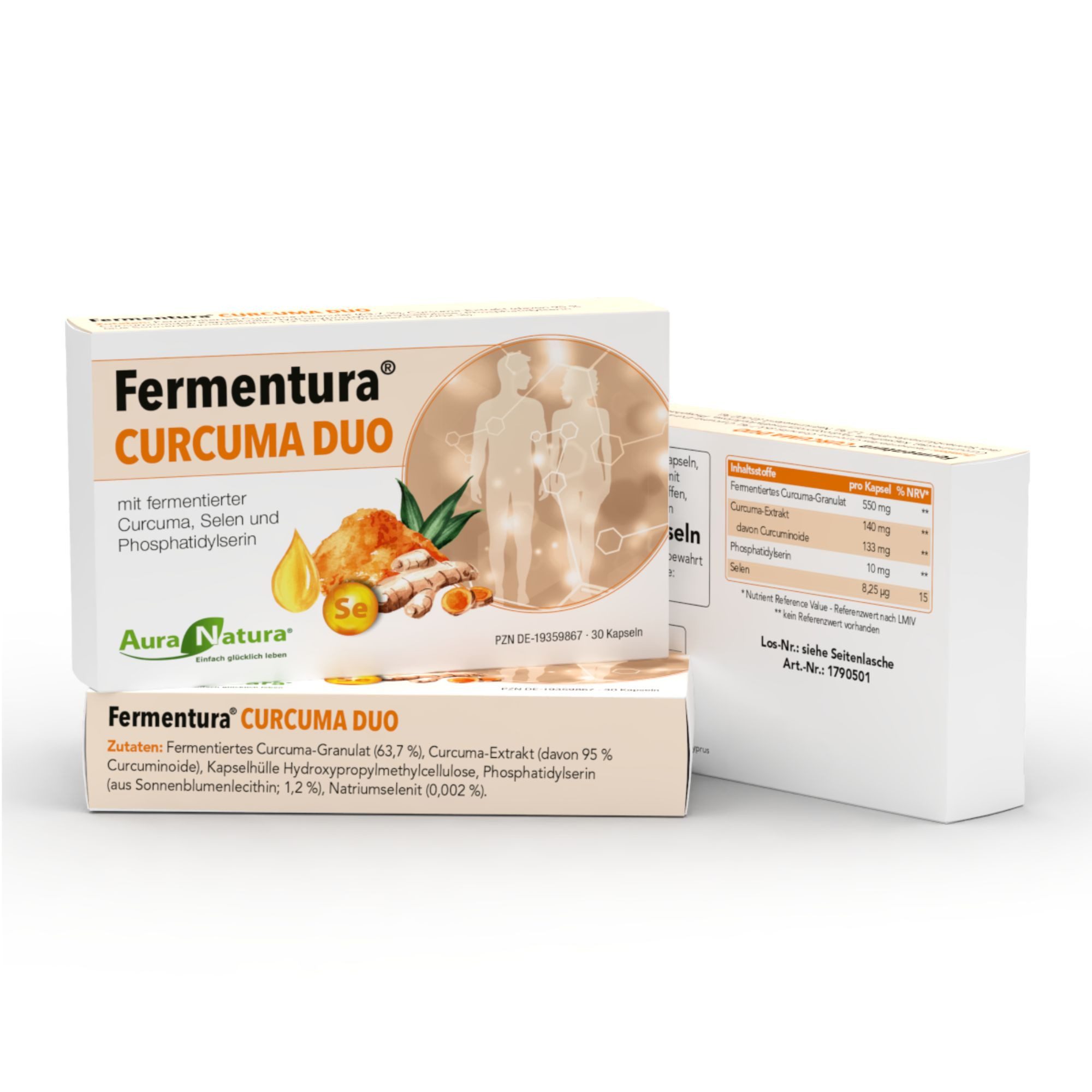 Aura Natura Fermentura® CURCUMA DUO, Hochdosierte Kurkuma-Kapseln mit Selen Kapseln, Packung à 30 St., 77.7 g, curcuma fermentiert