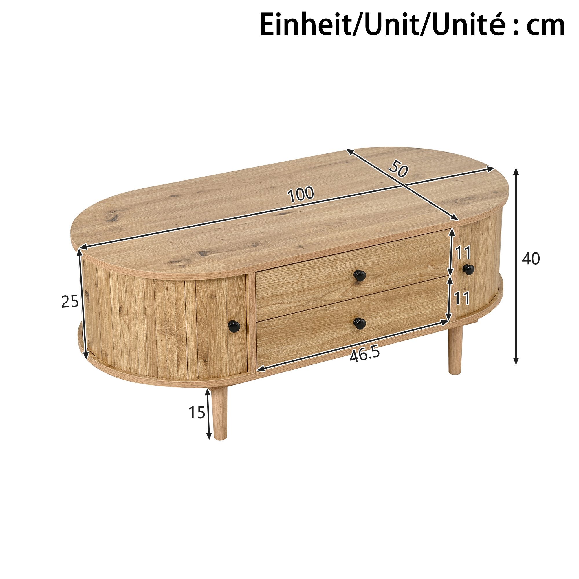 Merax Couchtisch Oval Sofatisch mit vertikalen Leisten in Holzoptik (1-St., 100x50x40 cm), Wohnzimmertisch mit Schiebetüren, 2 Schubladen & Stauraum – Bild 5 von 5