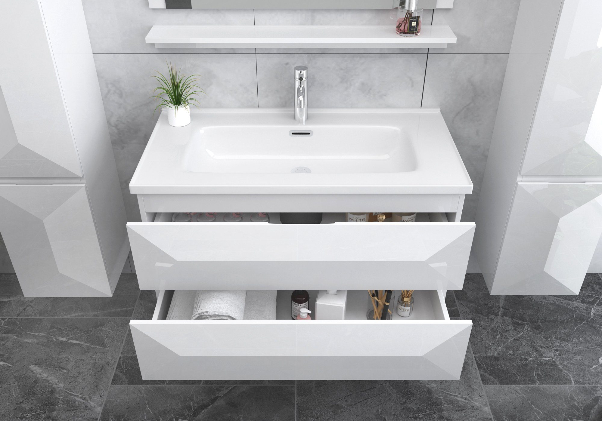 Faizee Möbel Badmöbel-Set Badmöbel Set vormontiert "Miran" Weiß/Schwarz Ker günstig online kaufen