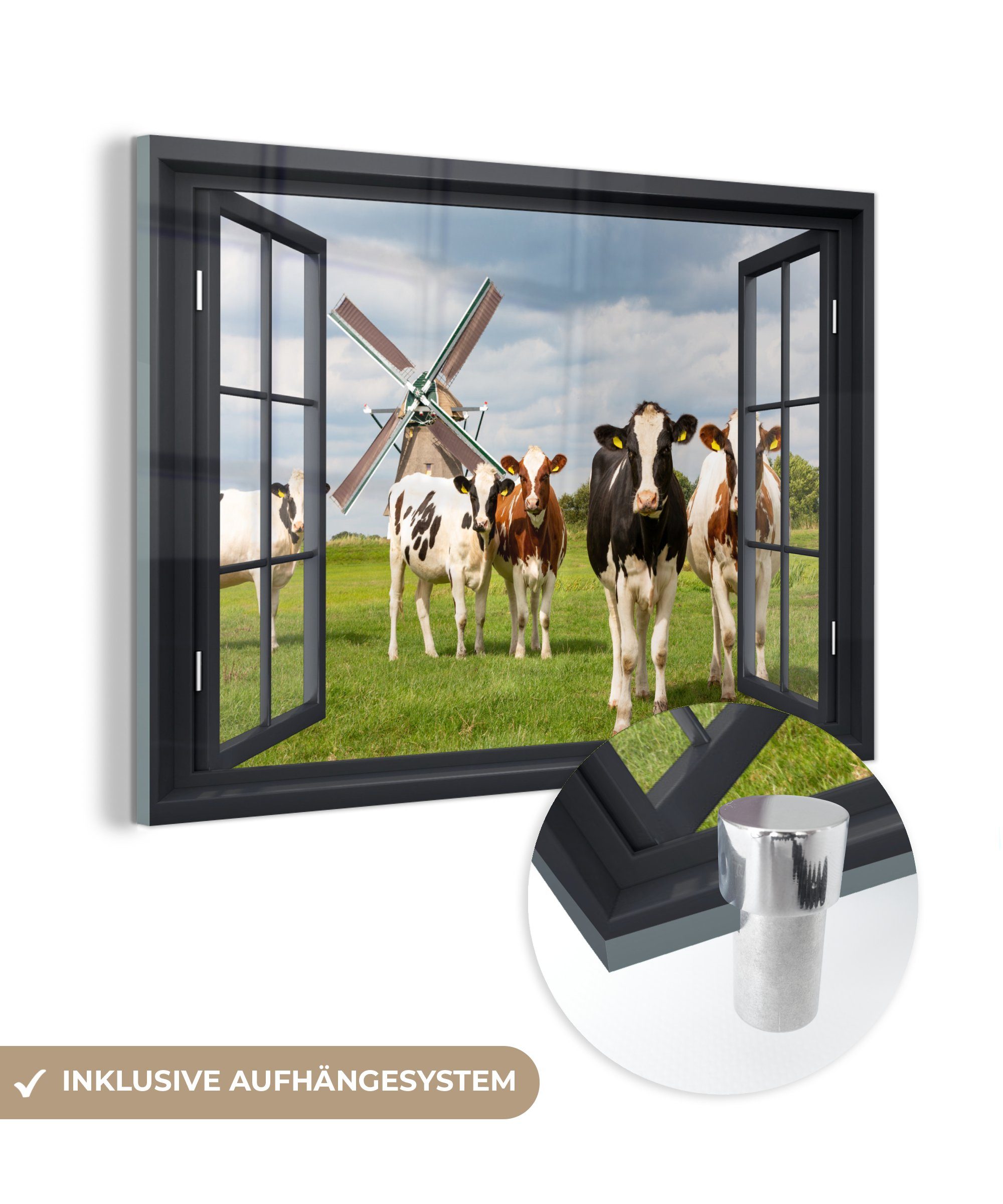 MuchoWow Acrylglasbild Aussicht - Kuh - Mühle - Kühe - Wiese - Gras - Grün, (1 St), Glasbilder - Bilder auf Glas Wandbild - Foto auf Glas - Wanddekoration bunt