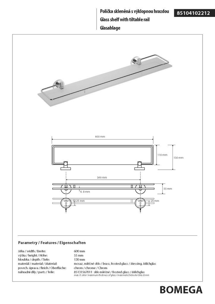 BRILLANTBAD® Duschablage BOMEGA Glasablage Milchglas Messing Chrom poliert Bad Küche >> Bohren