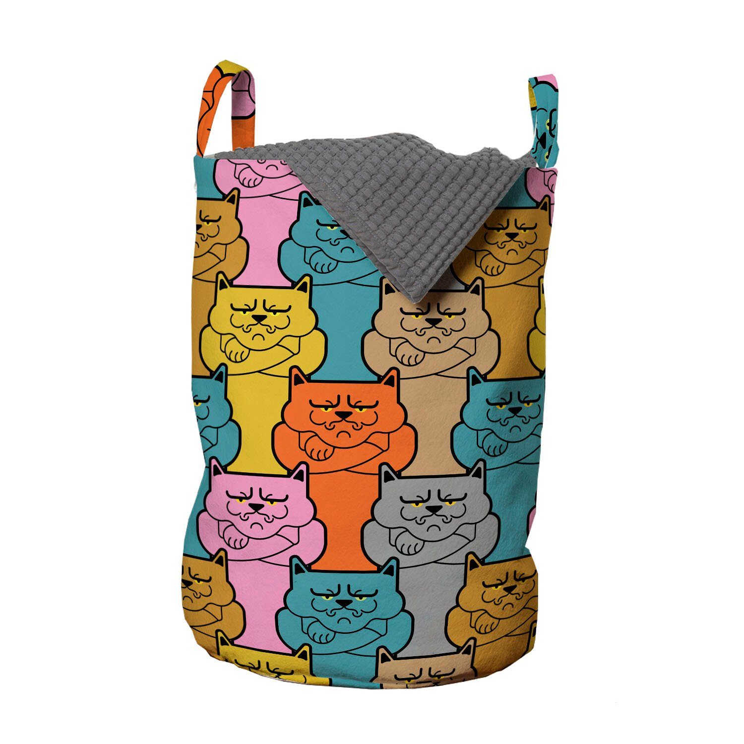 Abakuhaus Wäschesäckchen Wäschekorb mit Griffen Kordelzugverschluss für Waschsalons, Lustig Bunte Grumpy Gesicht Katzen