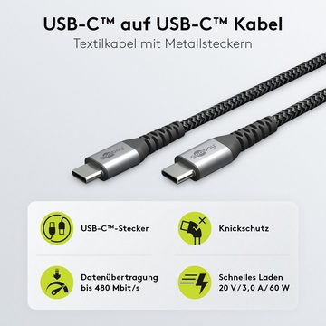 Goobay USB-C auf USB-C Kabel mit Textilmantel und Metallsteckern USB-Kabel, USB-C, USB-C (100 cm), 60 W Leistung, 480 Mbit/s Datenübertragungsrate, Grau