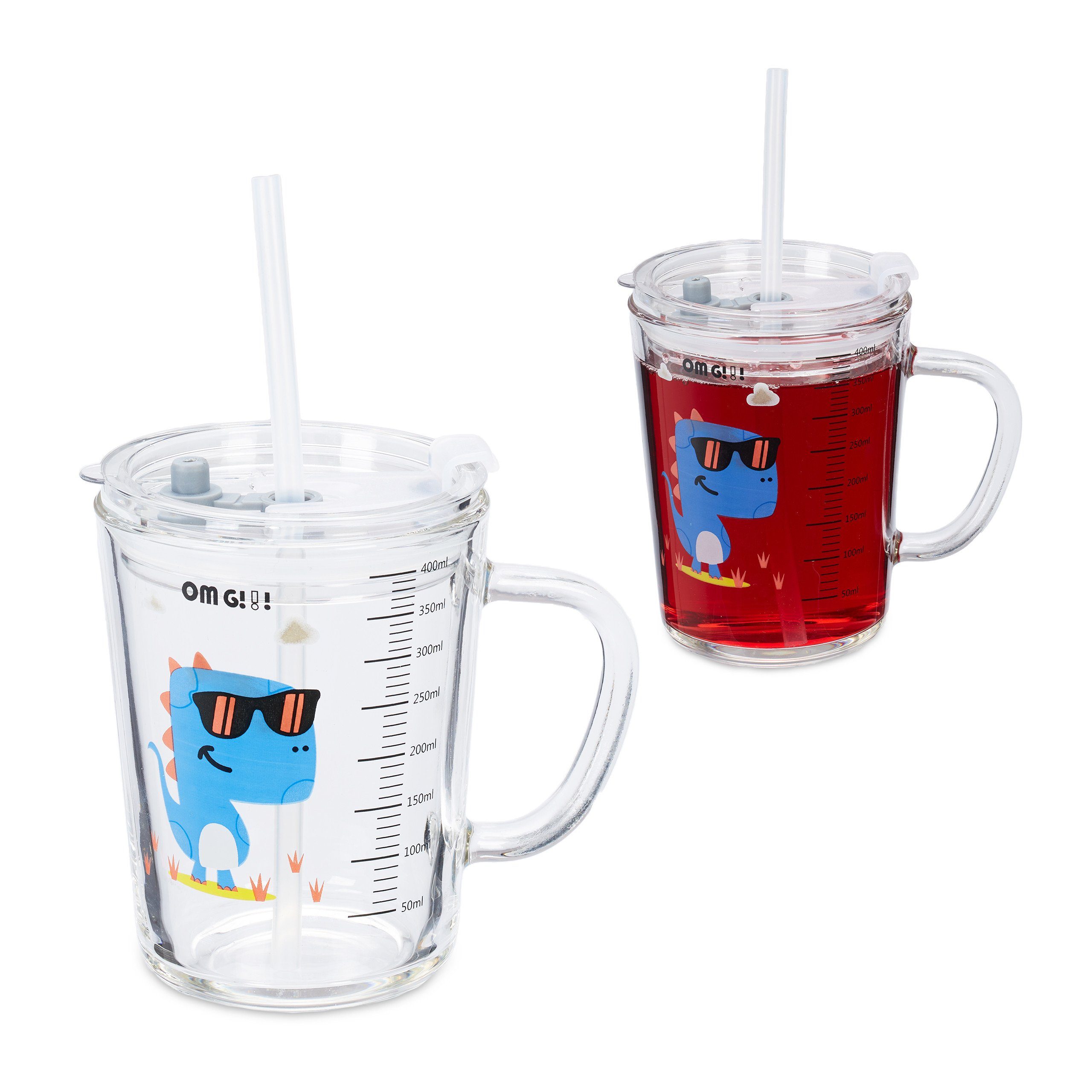 Glas Kinderbecher Kindergläser Dinomotiv, mit relaxdays 2er Set