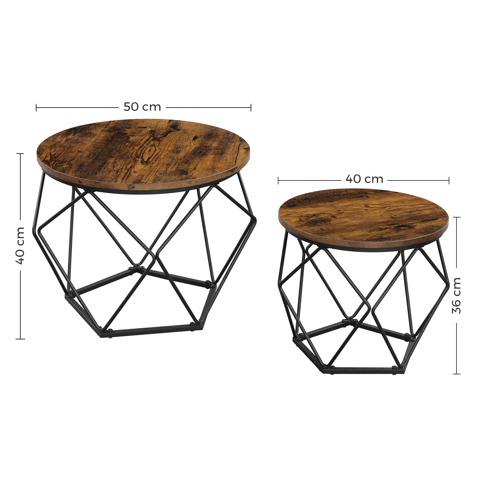 VASAGLE Couchtisch rund, Wohnzimmertisch, modern, Satztisch, Metall (2er Set, inkl. Zubehörpaket & Anleitung, Holz), Beistelltisch, abnehmbare Tischplatte, Ø50x40cm+Ø40x36cm