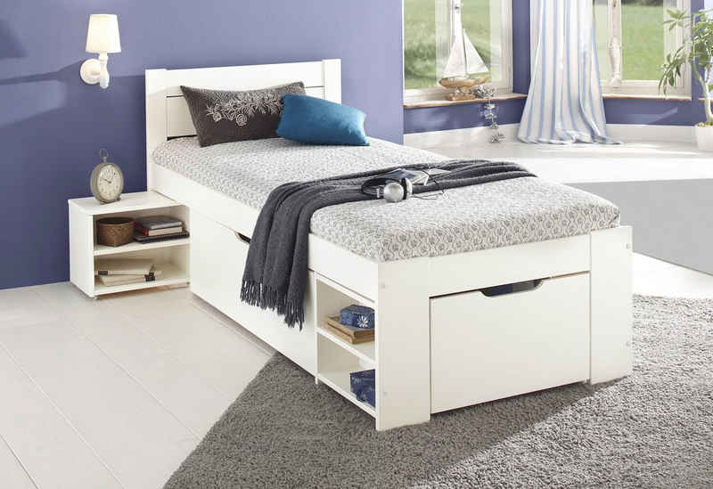 Home affaire Stauraumbett "HANNES " Kieferbett, mit Schubladen und Regalen, zertifiziertes Massivholz, ideal für kleine Räume