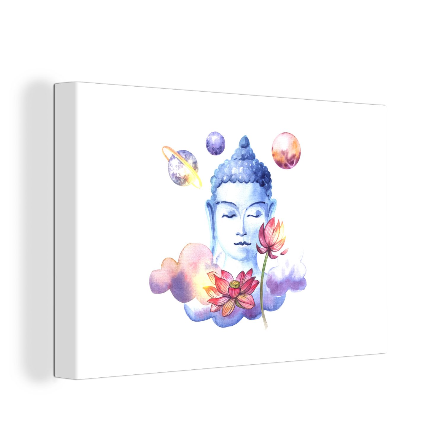 OneMillionCanvasses® Leinwandbild Buddha - Kopf - Planeten, (1 St), Wandbild Leinwandbilder, Aufhängefertig, Wanddeko, 30x20 cm