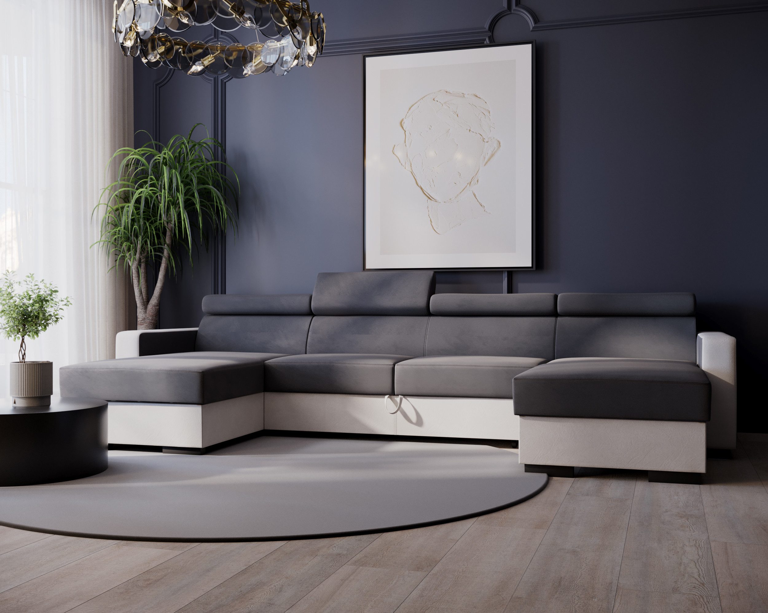 Goldstoff Ecksofa DIWIA U, Set, Ecksofa mit zwei Bettkasten, 4 verstellbare Kopfstützen