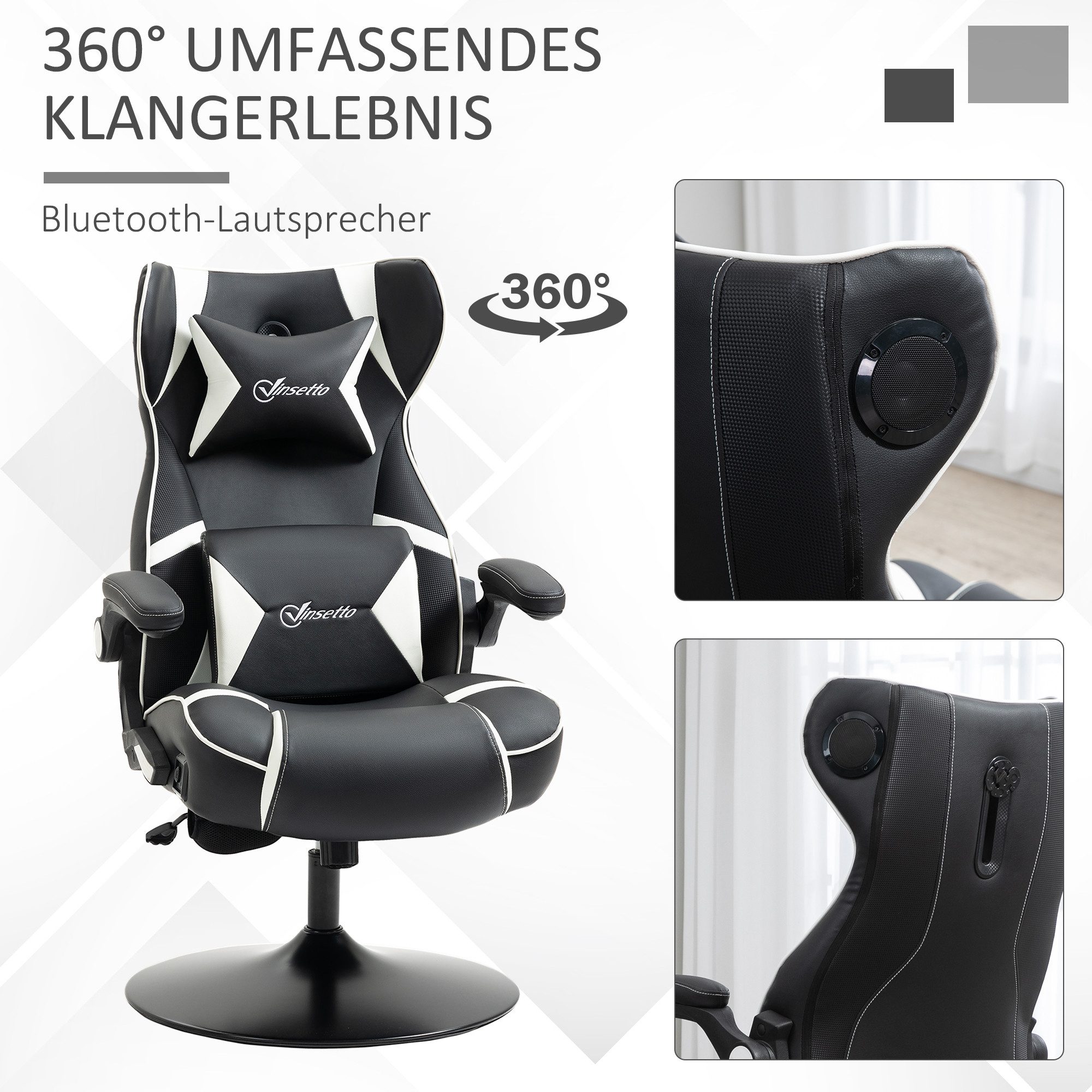 Vinsetto Schreibtischstuhl Gaming Stuhl ergonomischer Bürostuhl höhenverstellbar Kunstleder (PC-Stuhl, 1 St), Weiß+Schwarz 69 x 73 x 112-118 cm – Bild 4 von 5