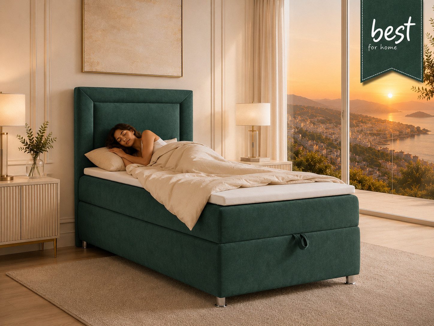 Best for Home Boxspringbett Trinity K-3 SINGLE mit Bettkasten & ca. 5 cm Topper (Einzelbett, Polsterbett mit gepolstertes Kopfteil, Jugendbett, Kinderbett versch. Größen, 3-St., 70x200 80x200 90x200 100x200 cm), Einzel-Boxspringbett mit integriertem Bettkasten