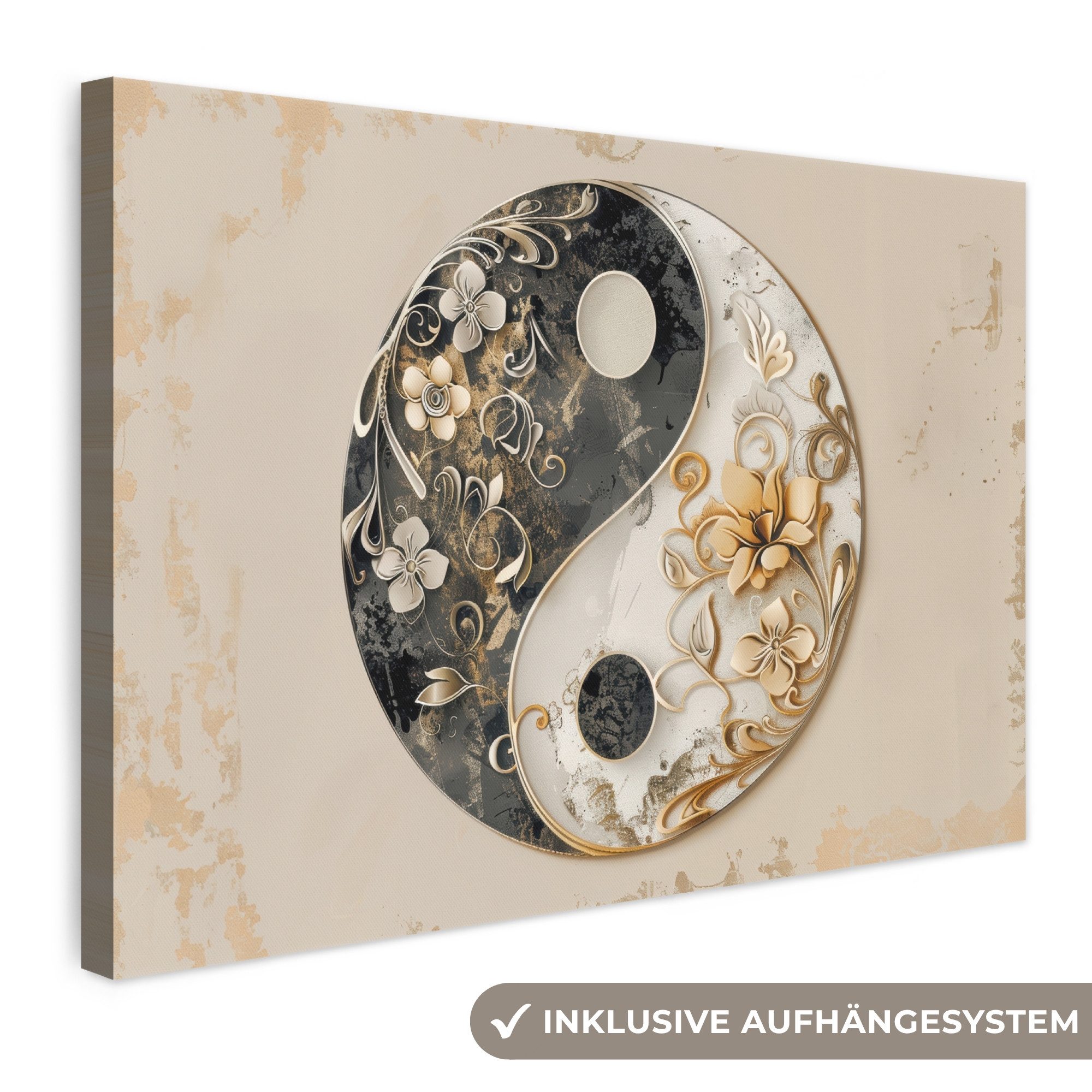 OneMillionCanvasses® Leinwandbild Yin Yang - Blumen - Schwarz - Weiß - Vintage, Fotodruck (1 St), Leinwand Bilder Klein, Wand Dekoration Aesthetic 30x20 cm