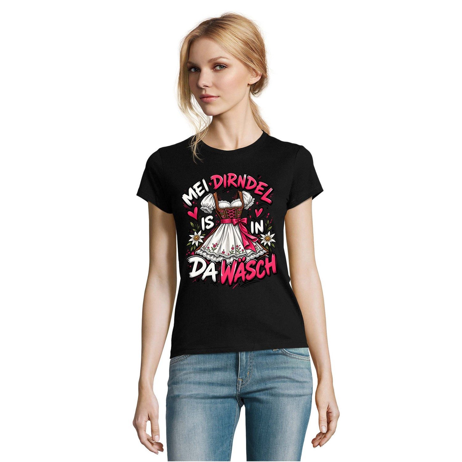 Blondie & Brownie T-Shirt Damen T Shirt Mei Dirndl is in da Wasch mit Oktoberfest Motiv (Einzelartikel) Wiesn Dirndl Humor Trachtenmotiv