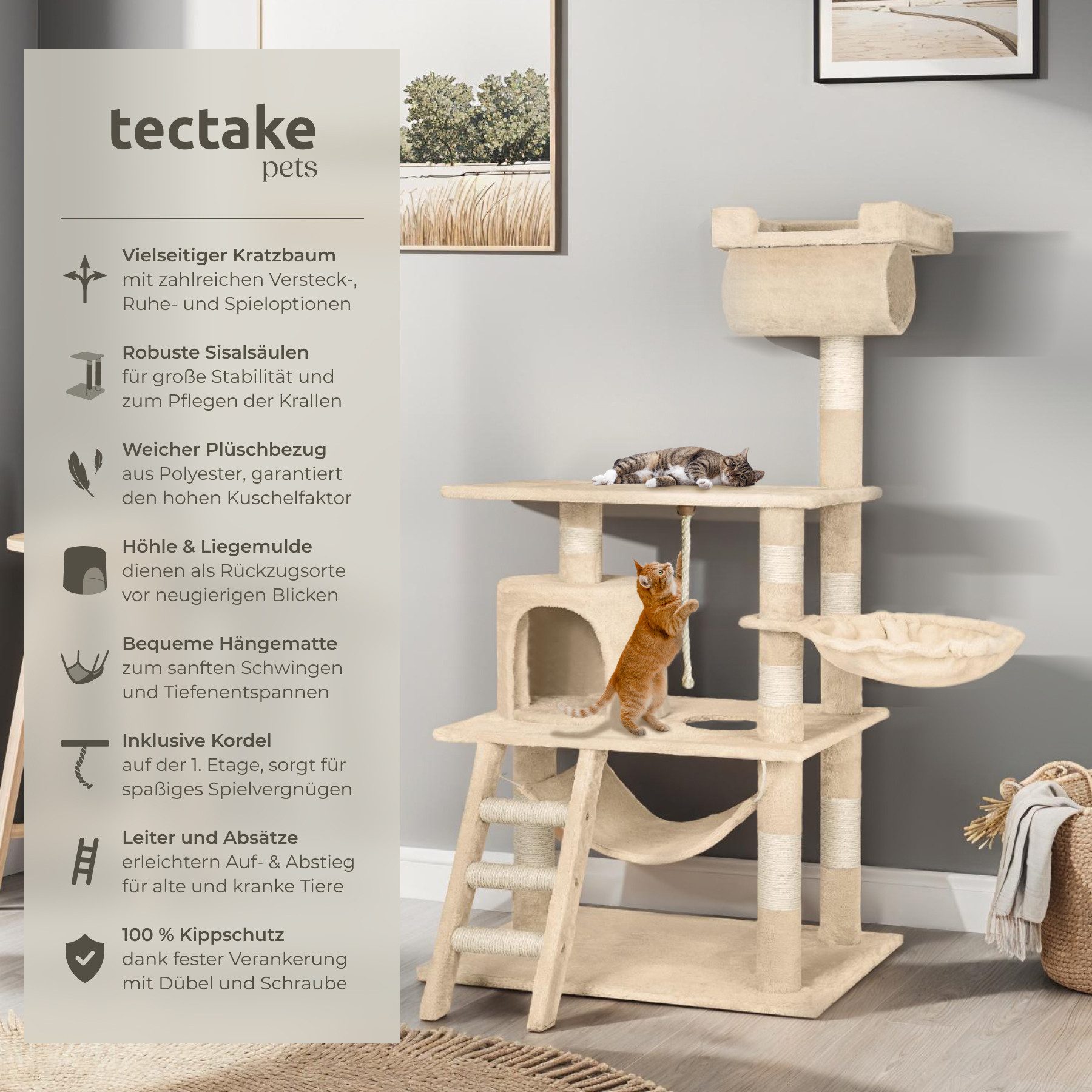 tectake Kratzbaum Katzenbaum Stokeley 141 cm Diverse Farben, Vielseitig mit robusten Sisalstangen und Plüschoberfläche