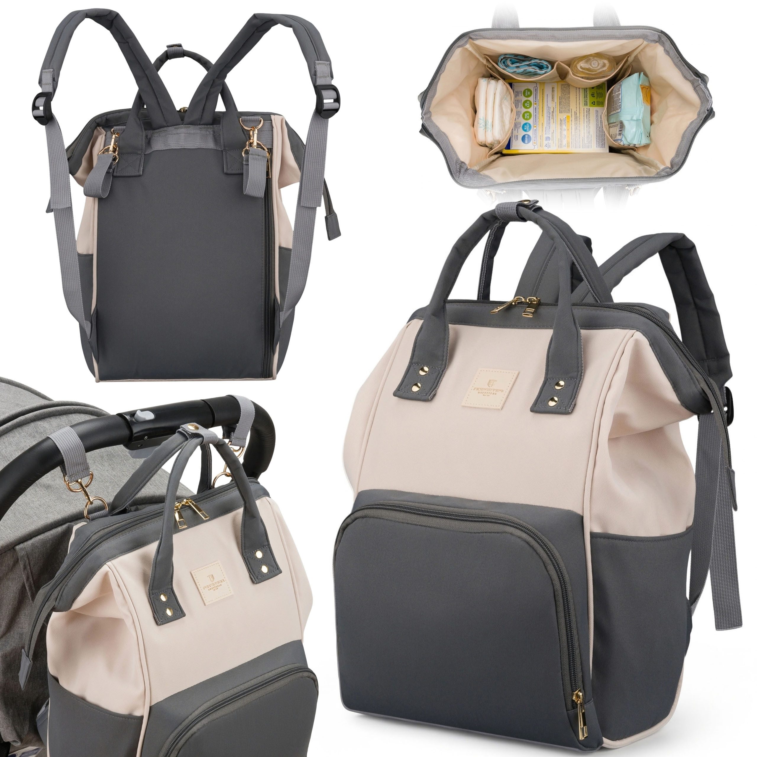 PETERSONⓇ Kinderwagen-Tasche Peterson Mommy-Bag-Rucksack, Kinderwagentasche, Beige-Grau, 10,5 L
