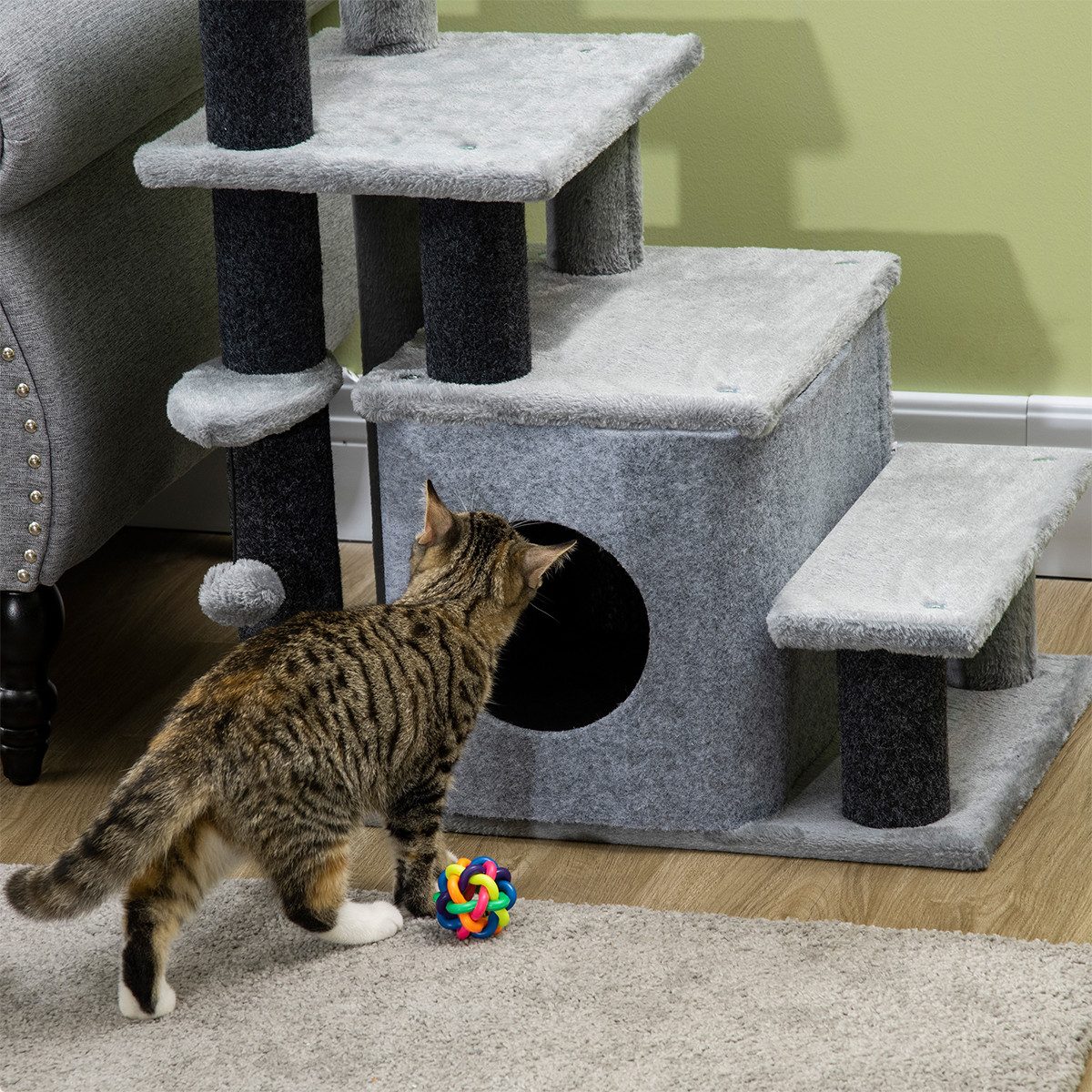 XDeer Haustiertreppe Haustiertreppe mit Schlafhöhle & Spielball 4 Stufige, Katzentreppe Tiertreppe Kratzbaum für Katzen 60 x 40 x 66 cm