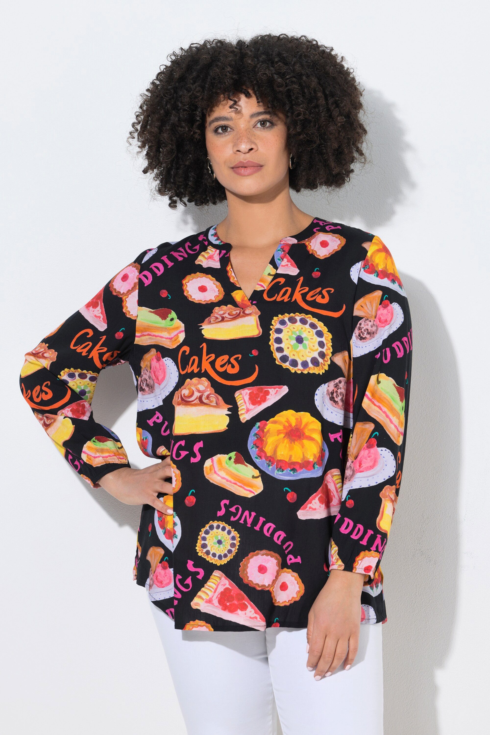 Longbluse Bluse A-Linie Dessert-Muster Langarm