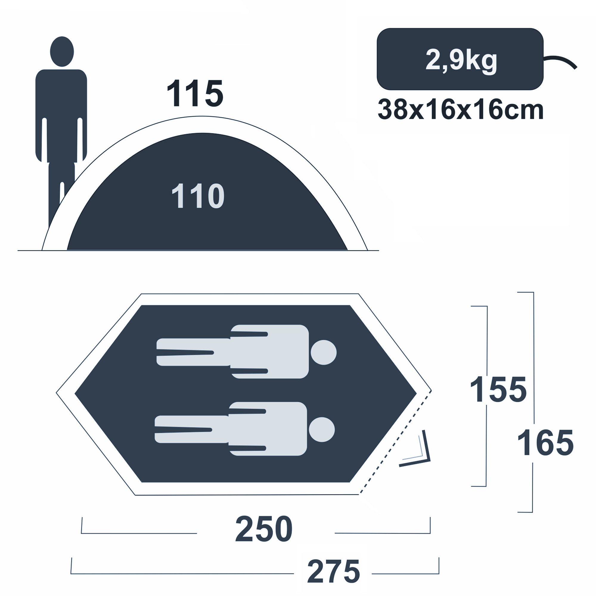 yourGEAR Einbogenzelt yourGEAR Zelt ORA 2 Mann Trekkingzelt Einbogenzelt UV 50+ 5000mm, Personen: 2