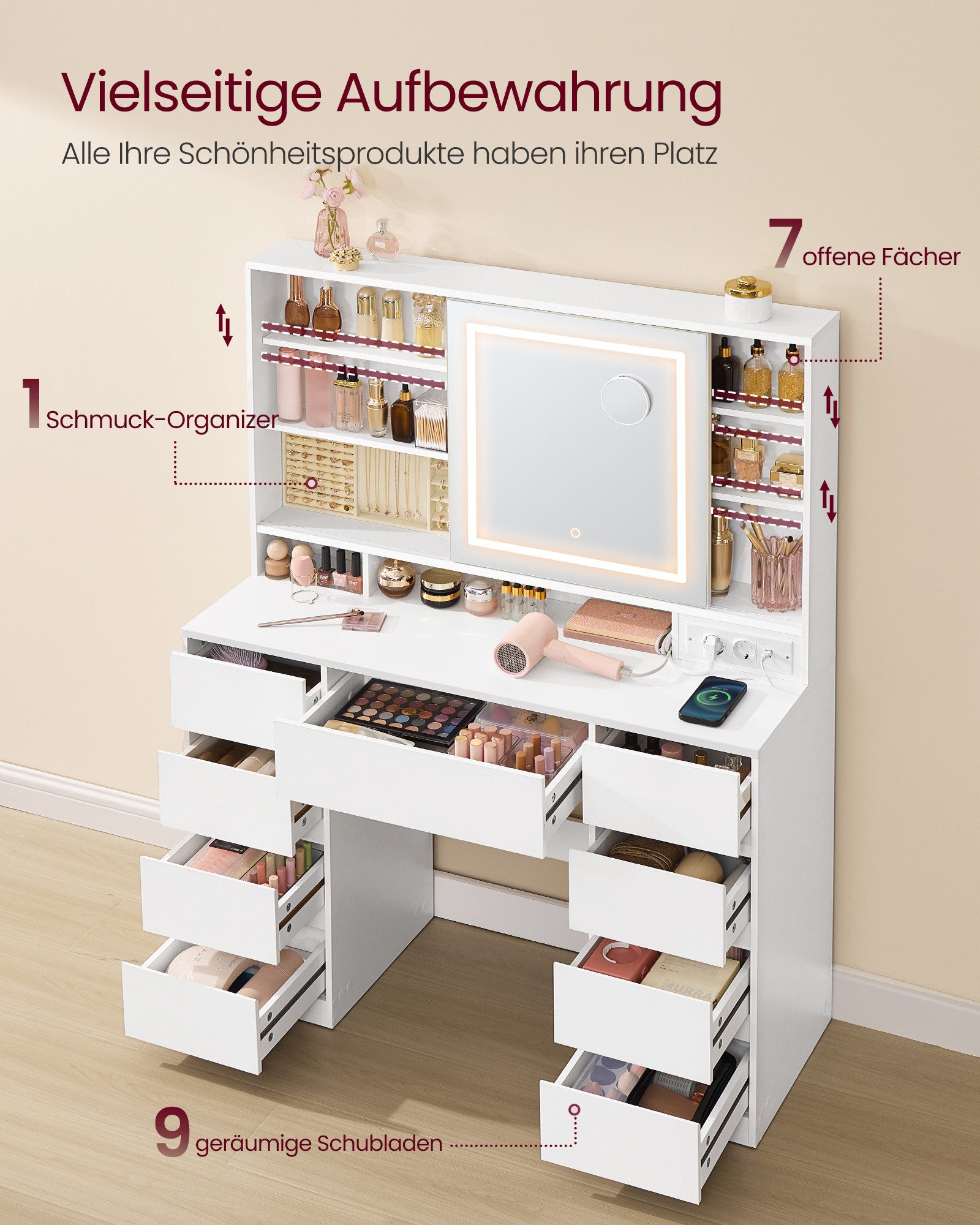 VASAGLE Schminktisch Hocker Steckdosenleiste (1 Tisch mit 1 Hocker), 10x Vergrößerungsspiegel, 3 Lichtfarben, werkzeuglose Gleitschienen – Bild 4 von 5