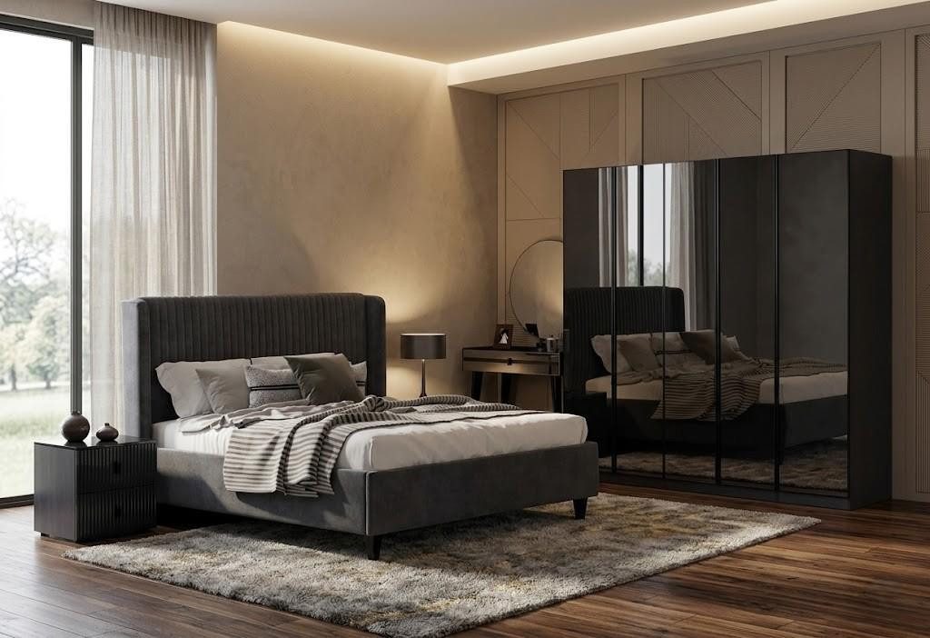 JVmoebel Komplettschlafzimmer Schlafzimmer-Set Bett Kleiderschrank Modern Schwarz Praktisch, Made in Europa
