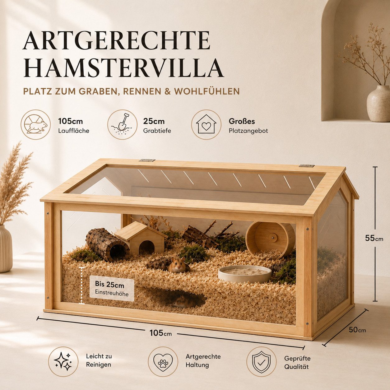 noviclass Kleintierkäfig Hamstervilla Theodore 105x55x50cm, Acrylglas, Lindenbaumholz