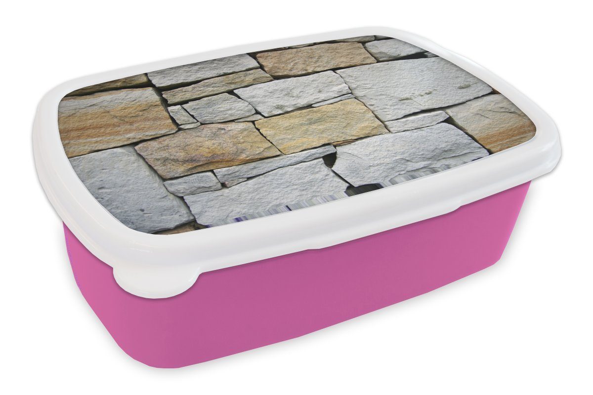 MuchoWow Lunchbox Steinmauer ohne Erwachsene, Kunststoff, Kunststoff Snackbox, rosa Zement, Kinder, Brotbox (2-tlg), Brotdose Mädchen, für