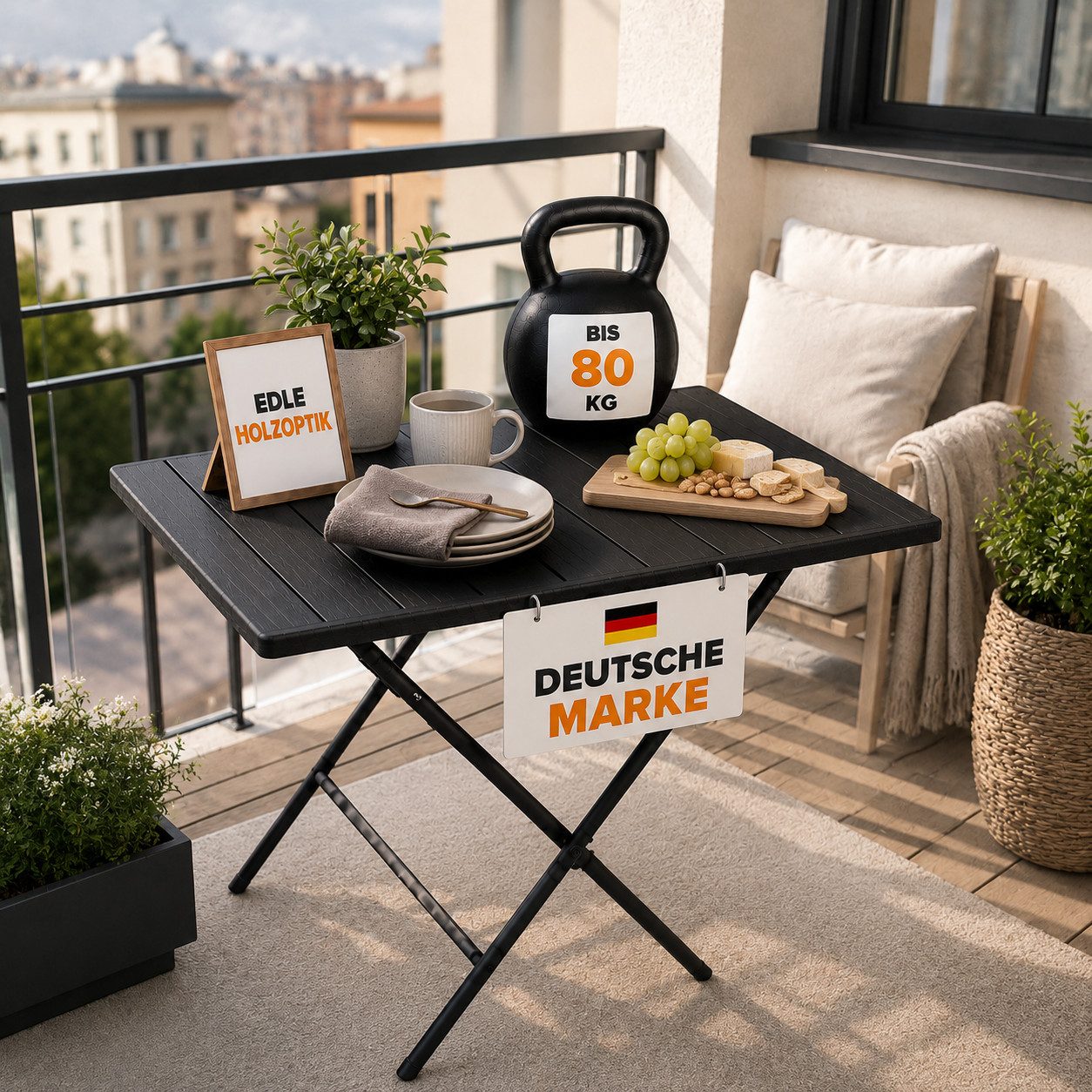 Onbest Klapptisch Balkontisch mit Holzoptik klappbar, 61x74x56cm (B x H x T), Stahlgestell, bis 80 kg