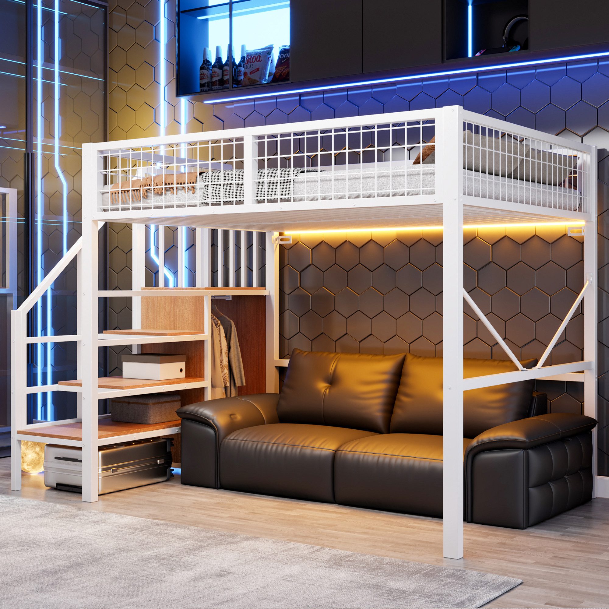 Flieks Hochbett Metallbett 140x200cm mit Stauraumtreppe LED-Leiste Sicherheitsgeländer