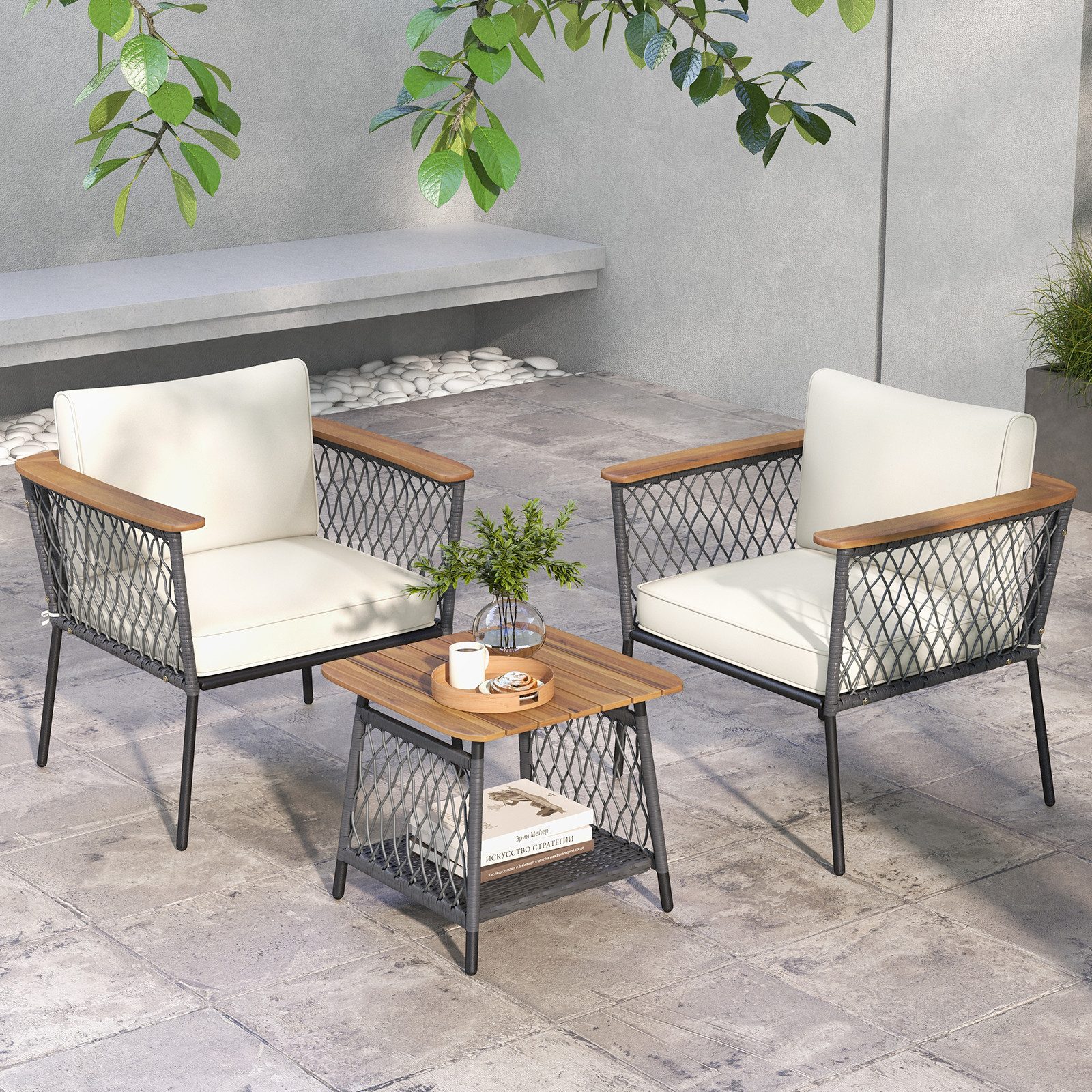 COSTWAY Balkonset, 3tlg., Rattan & Akazienholz, günstig online kaufen