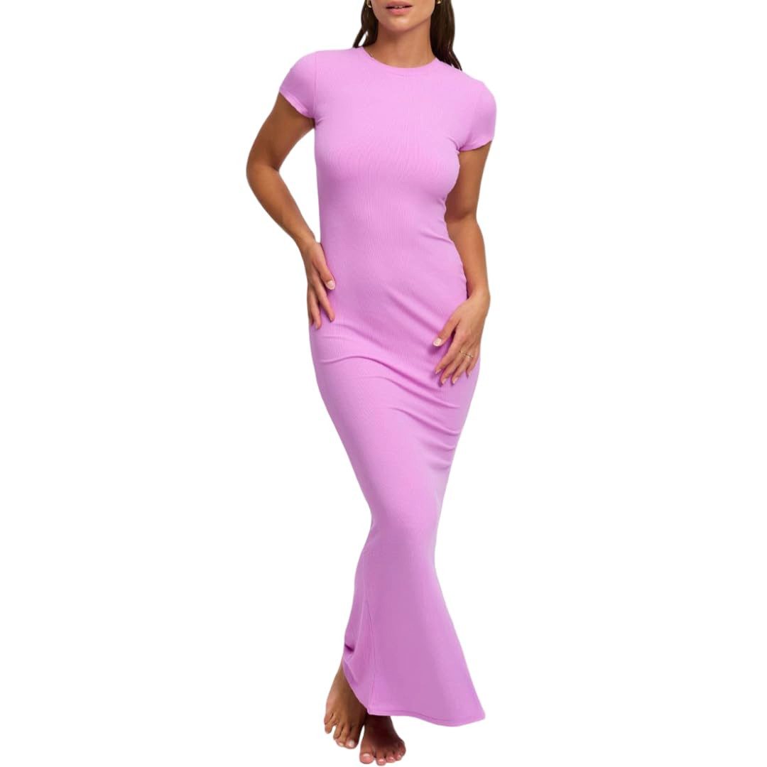 cfab by creamy fabrics Jerseykleid Ribbed T-Shirt Maxikleid-Violett-XL (1-tlg)