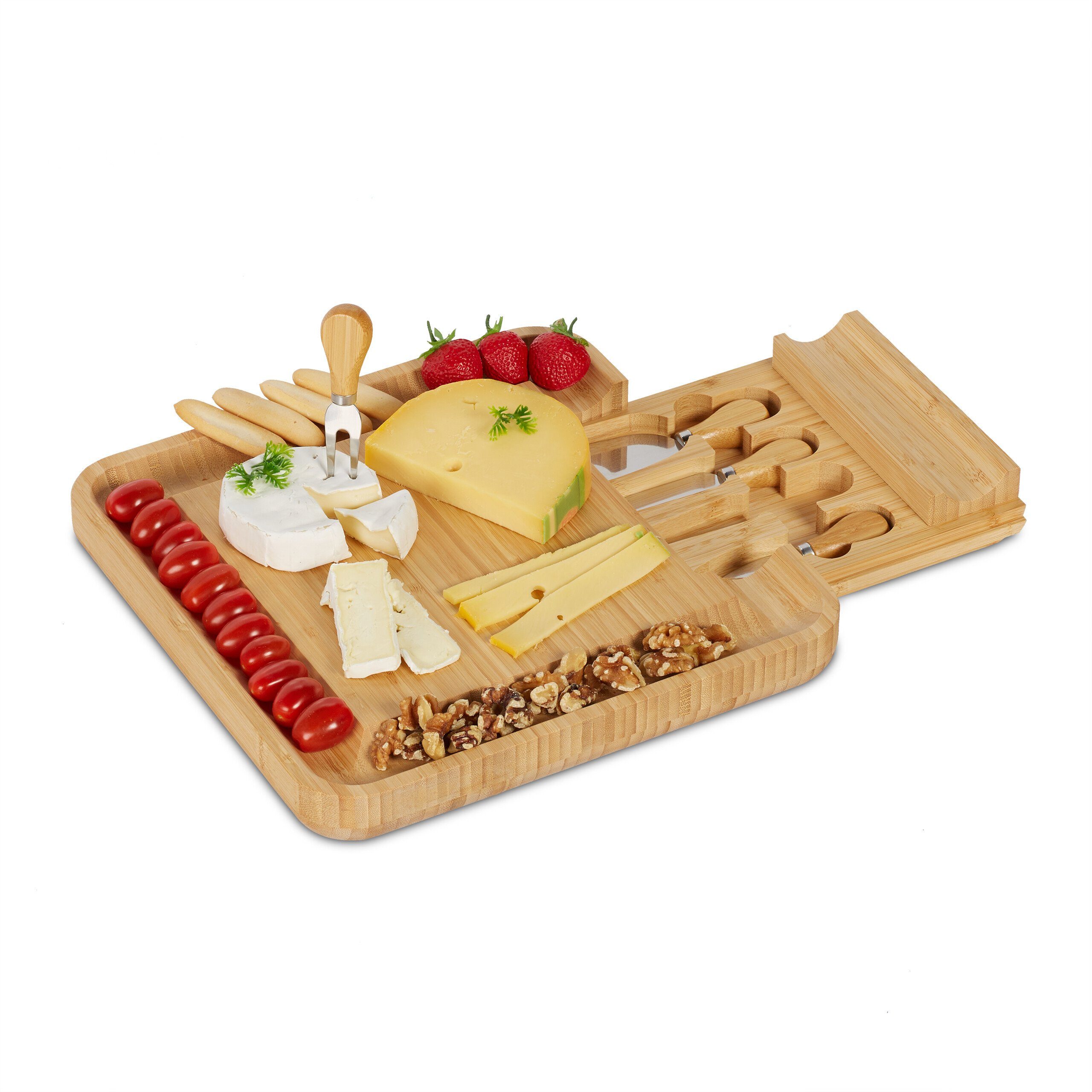 relaxdays Käsebrett Bambus Käsebrett mit 4-tlg. Besteck Set, Bambus | Käsebretter