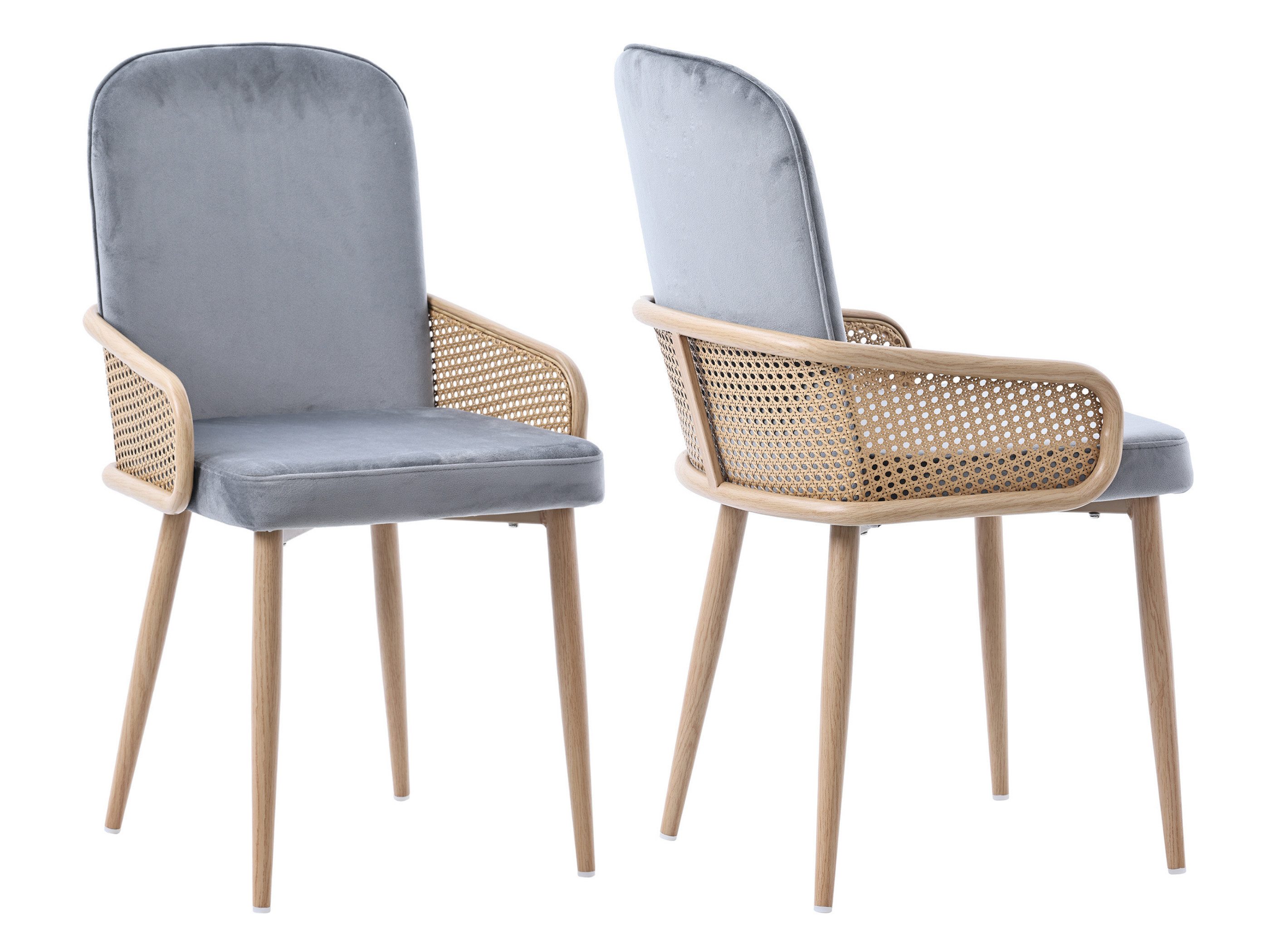 SeedWave Esszimmerstuhl Samt Esszimmerstuhl mit Rattan Armlehnen, grau Gepolsterter Sessel (2er set / 4er set), Korbstuhl für Esszimmer