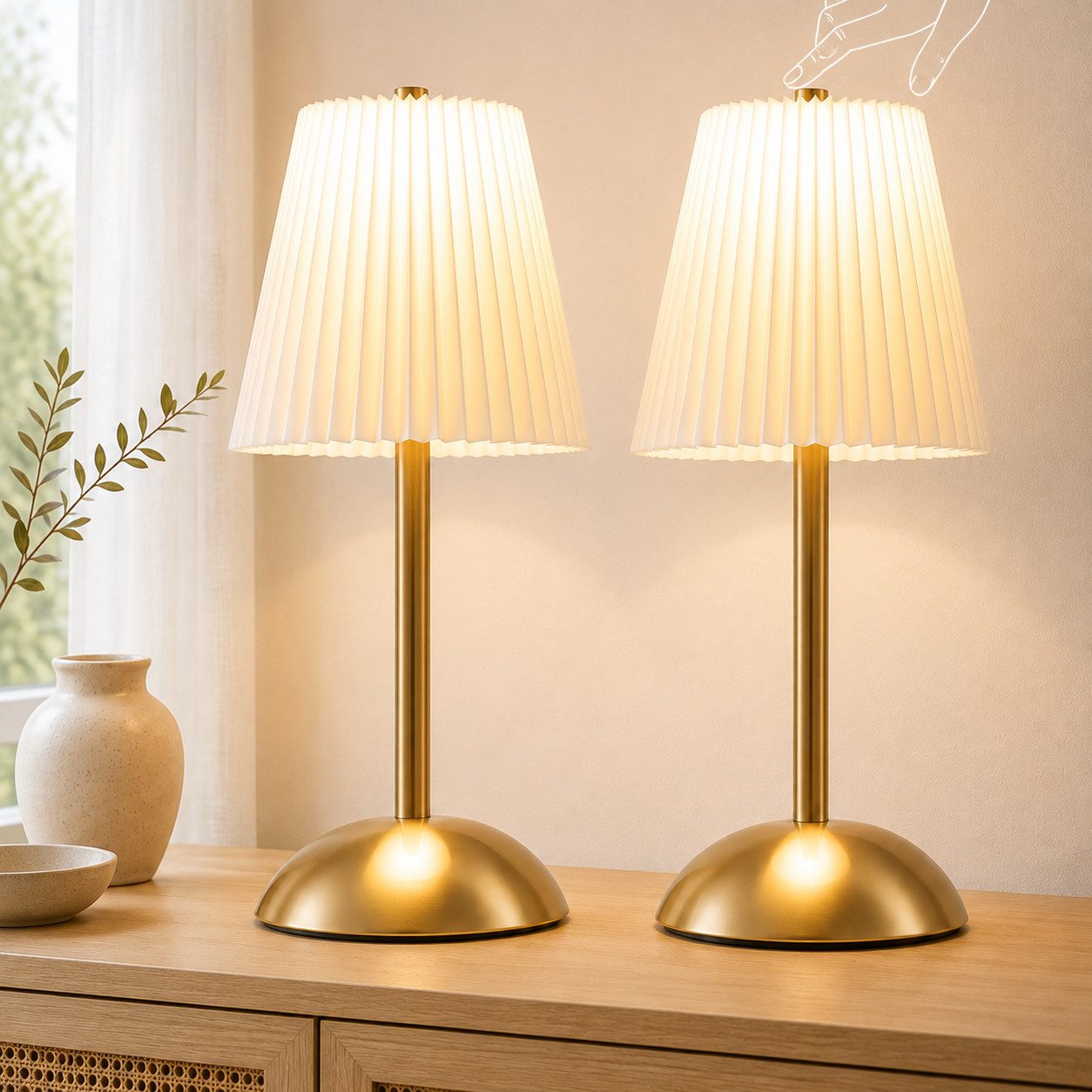 Nettlife LED Tischleuchte 2er Stoff Schwarz/Grün/Weiß/Orange/Graublau Nachttischleuchte, 3 Lichtfarben Akku-Betrieb USB-ladbar, Schlafzimmer Wohnzimmer Arbeitszimmer Büros Eingangsbereiche