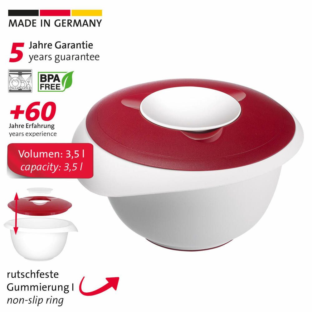 WESTMARK Rührschüssel mit zweigeteiltem Deckel, 3,5 l, Mit Ausgießer, Kunststoff, Weiß/Rot, PP, PE