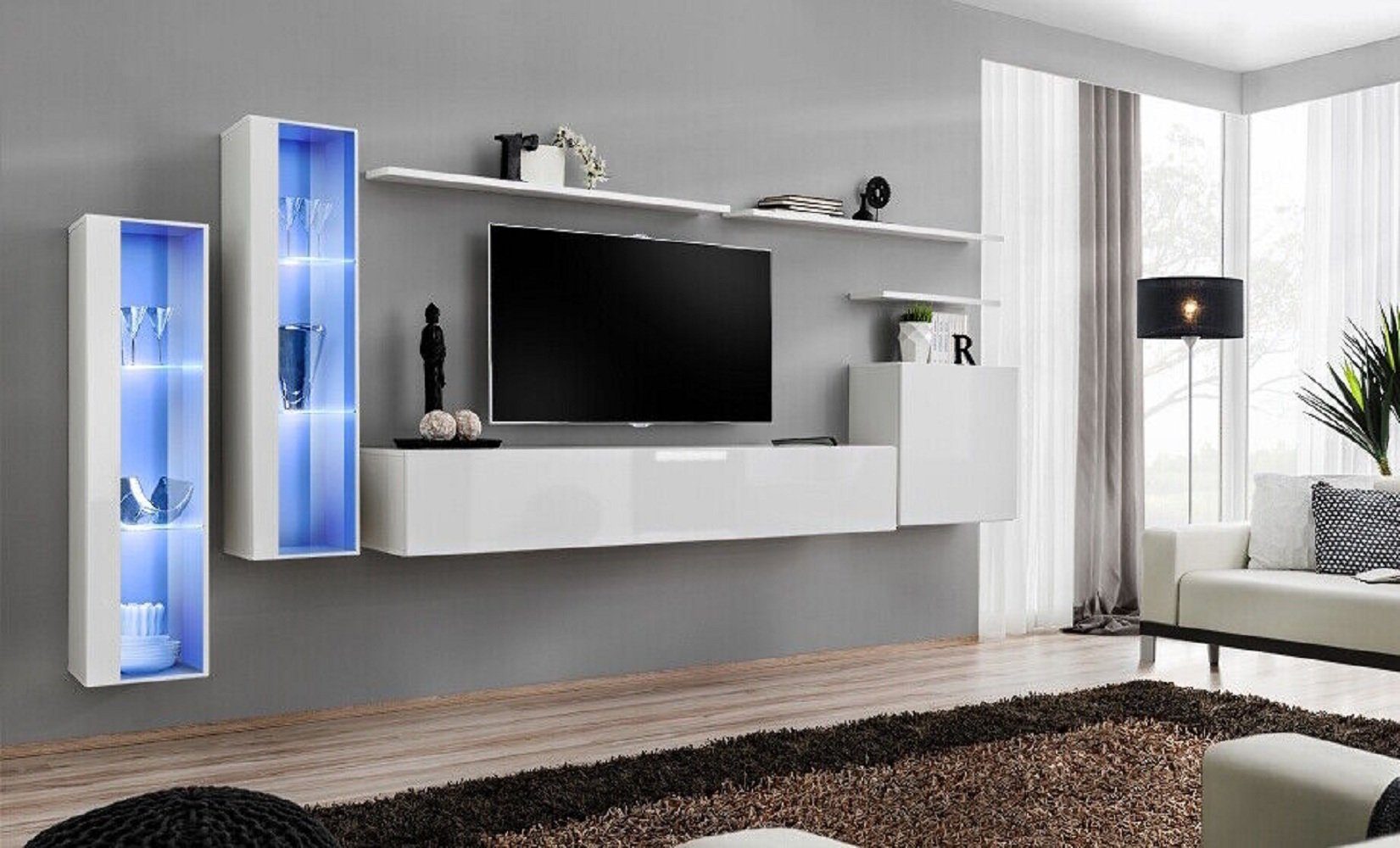 3x Komplett TV-Ständer Made + Wandschrank 3x 1x Ständer TV Design Schrank, + 1x (8-St., Luxus + Europa in Wohnzimmer Wohnwand JVmoebel Wohnzimmer-Set Weiß Wandregal), Wohnwand