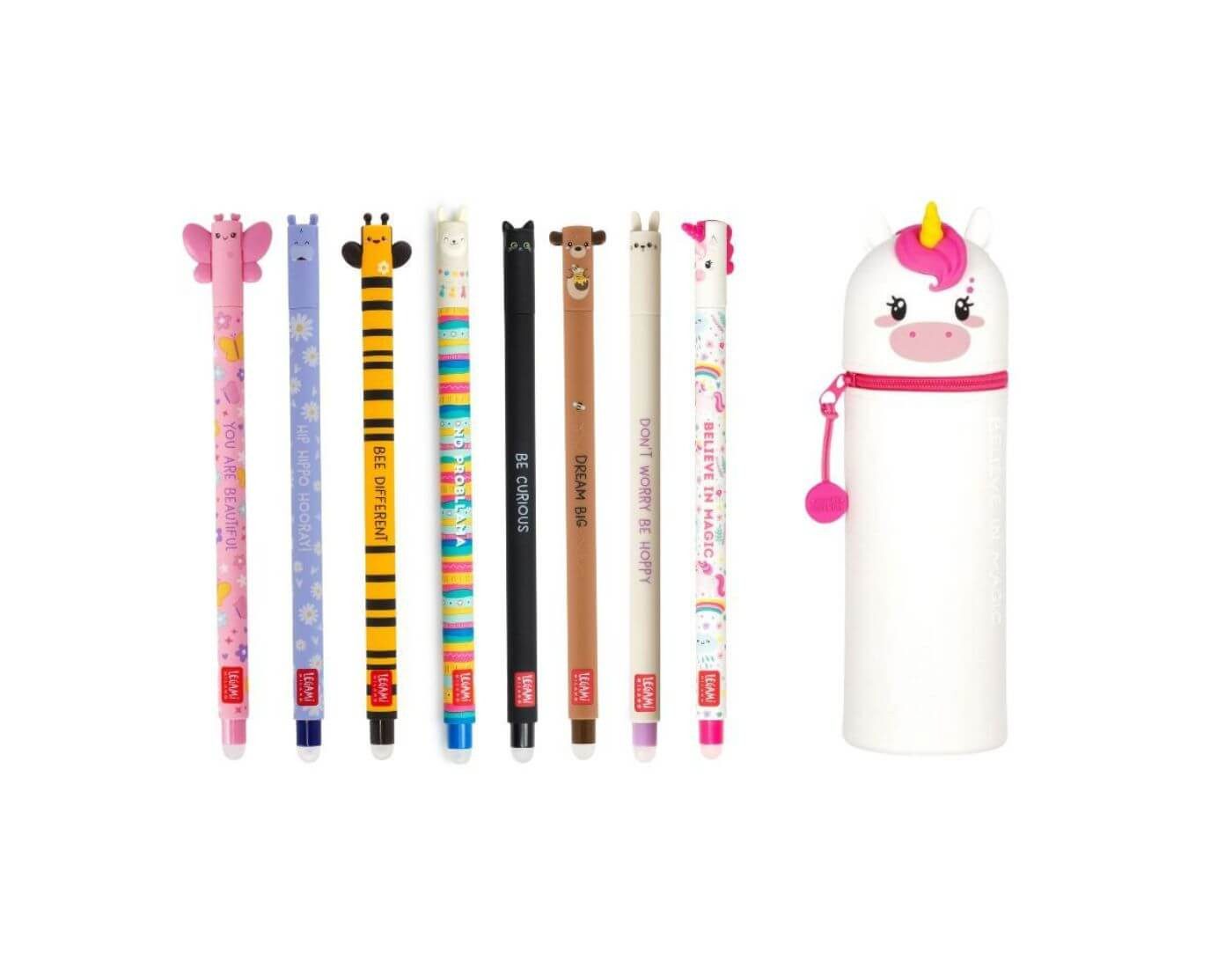 Legami Gelschreiber Legami Stifte + Einhorn Mäppchen - Set mit 8 löschbaren Gelstiften