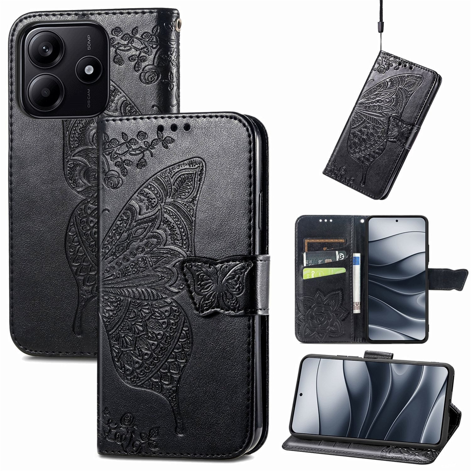 Wigento Smartphone-Hülle Für Xiaomi Redmi Note 14 5G Kunstleder Schmetterling Hülle Schwarz, Kunst-Leder Schutzhülle Smart Case Cover magnetischer Verschluss