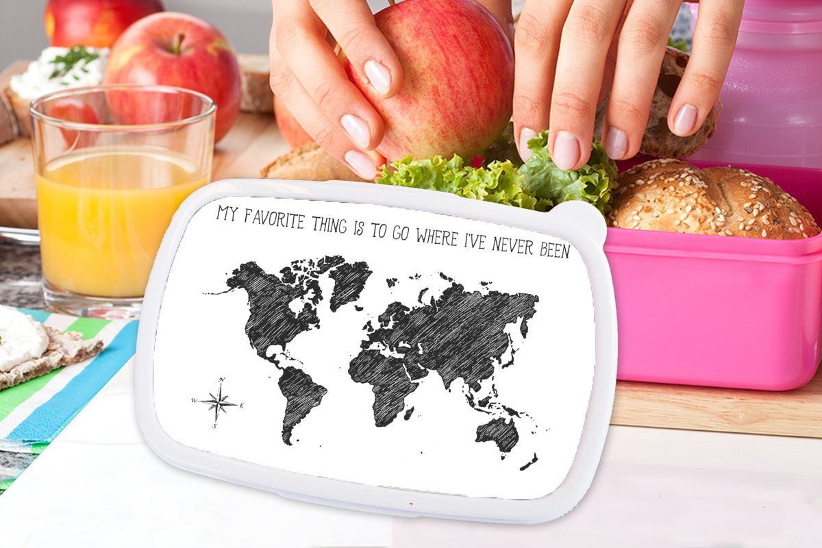 MuchoWow Lunchbox Weltkarte - für - Mädchen, Weiß Schwarz - Brotdose Zitat, Brotbox Snackbox, Erwachsene, Kinder, (2-tlg), Kunststoff, rosa Kunststoff