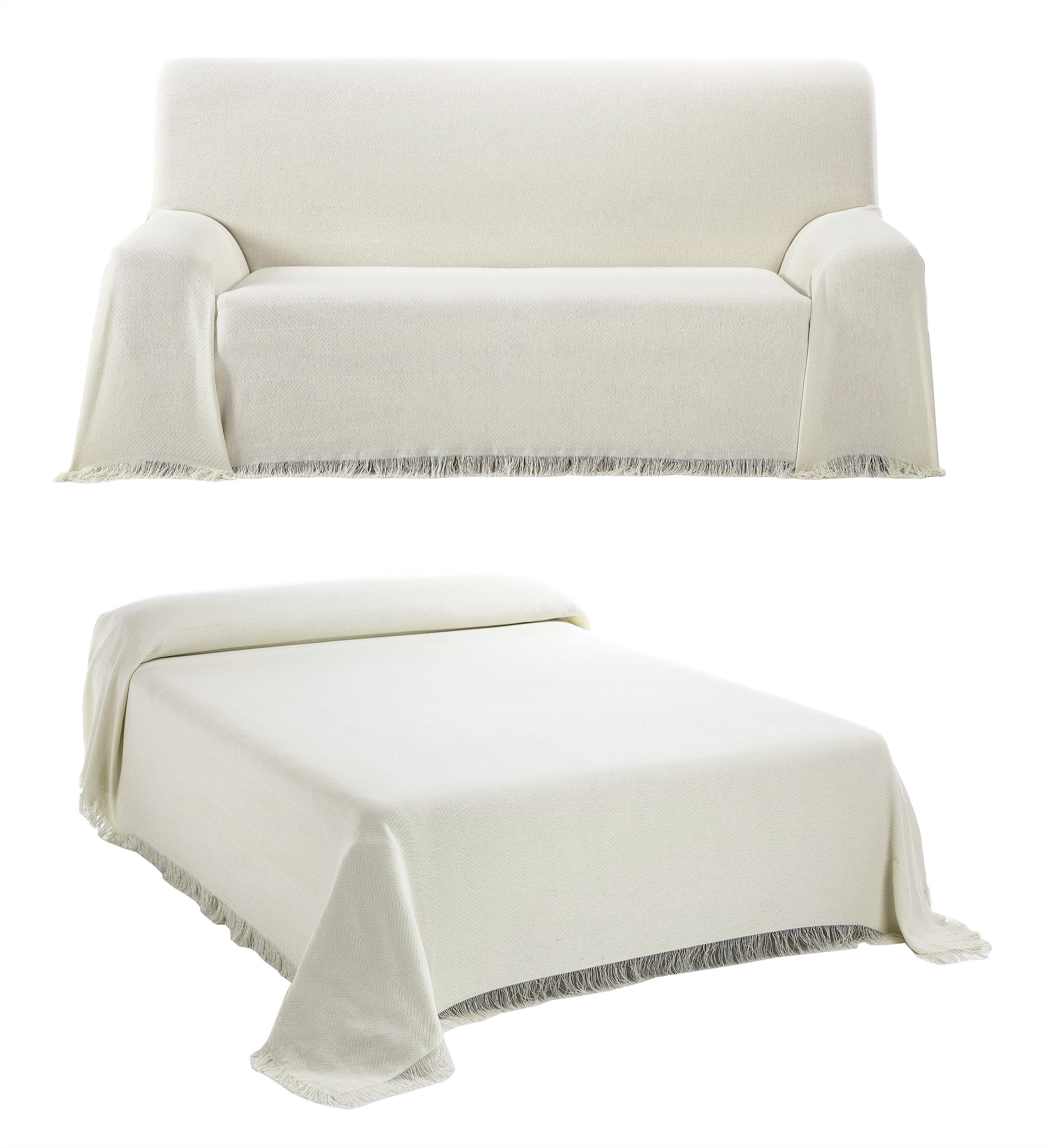 Beautex Tagesdecke, Wohnzimmer Decke aus Baumwolle, Sofadecke, Bettüberwurf, edles, schlichtes Design, feine Fransen, zwei Größen