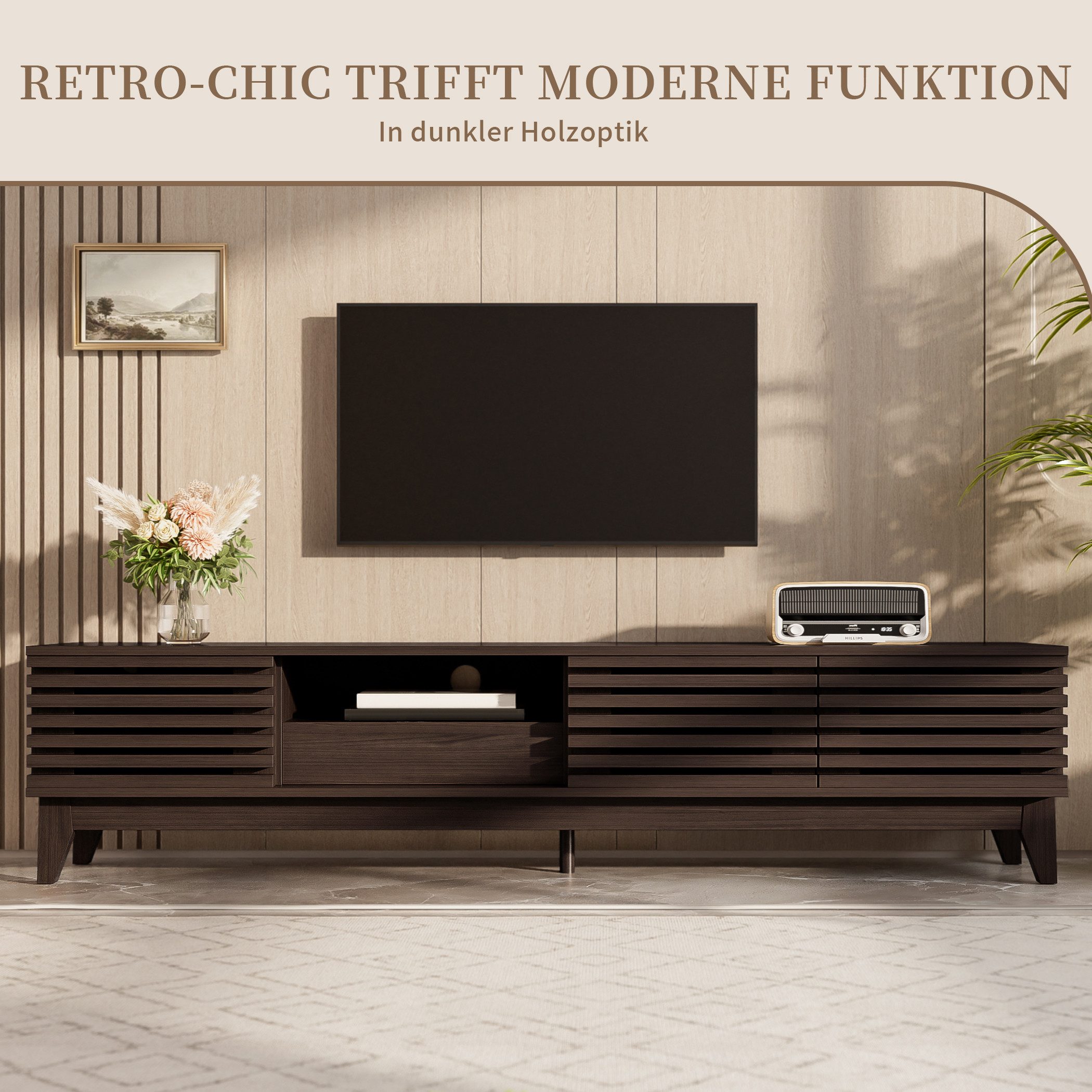 SeedWave Lowboard TV-Schrank im Retro-Design, mit 3 Luftigen Türen, Viel Stauraum, Fernsehschrank mit 5 Stützfüßen, Kabeldurchführung