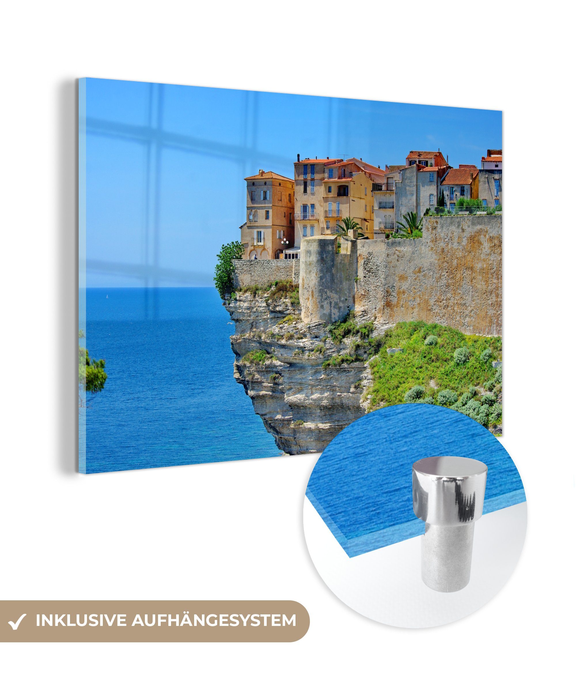 MuchoWow Acrylglasbild Häuser auf einer Klippe im europäischen Korsika, (1 St), Acrylglasbilder Wohnzimmer & Schlafzimmer