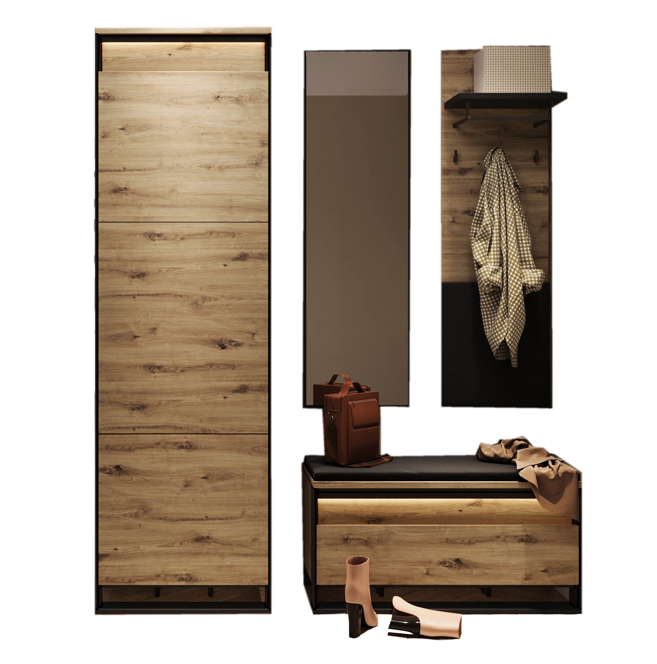 Compleo Garderoben-Set LIMA (Schrank, Schuhschrank, Spiegel, Kleiderbügel) günstig online kaufen