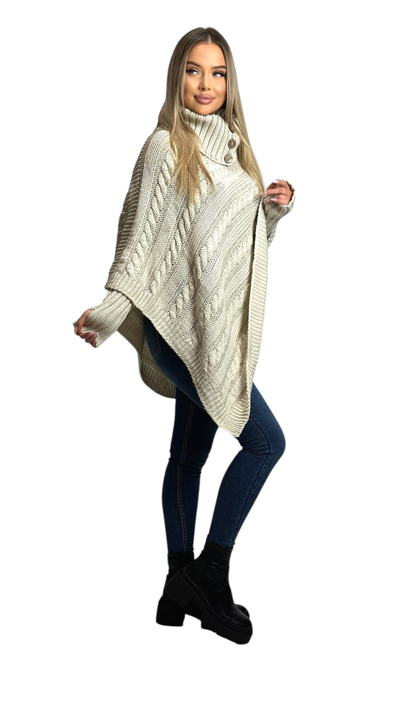 Mississhop Strickponcho Poncho Strick Sweatshirt Pullover Umhang Überwurf mit Stulpen 3012