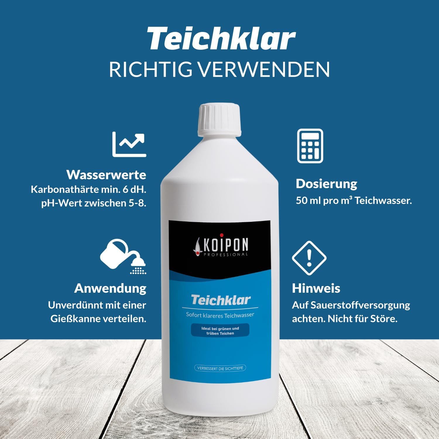 KOIPON Teichpflege KOIPON Teichklar Teichklärer gegen Schwebealgen & trübes Wasser, Wasserklärung, Schwebealgen entfernen, pH-Wert stabil, Made in Germany