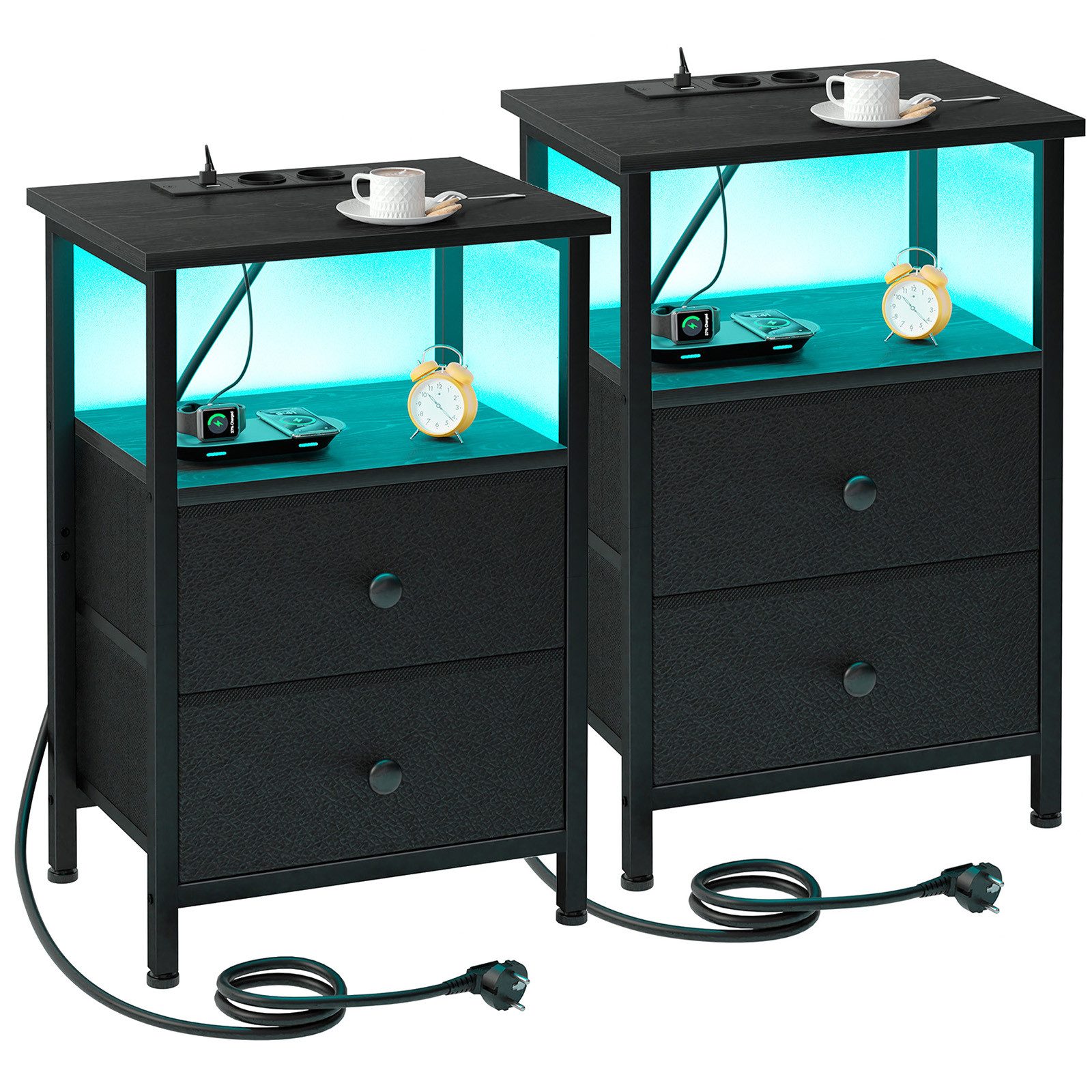 AMHANCIBLE Nachttisch 2er-Set mit integrierter Ladestation, LED-Beleuchtung & 2 Schubladen (2-St), multifunktionaler Beistelltisch mit offenem Fach, 40x30x60cm