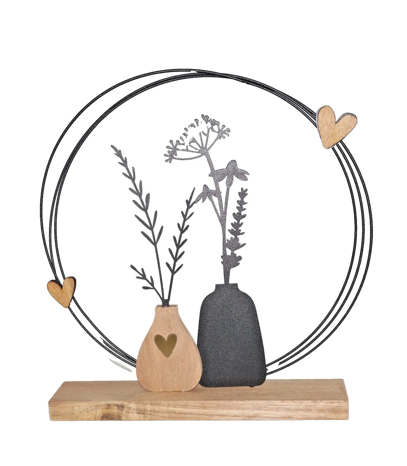 Kaufhaus le petit Dekoobjekt Deko Vase mit Blumen Ring Metall Holz auf Sockel Figur Skulptur Herz, Blumenvase Objekt Silhouette Dekofigur Dekoskulptur