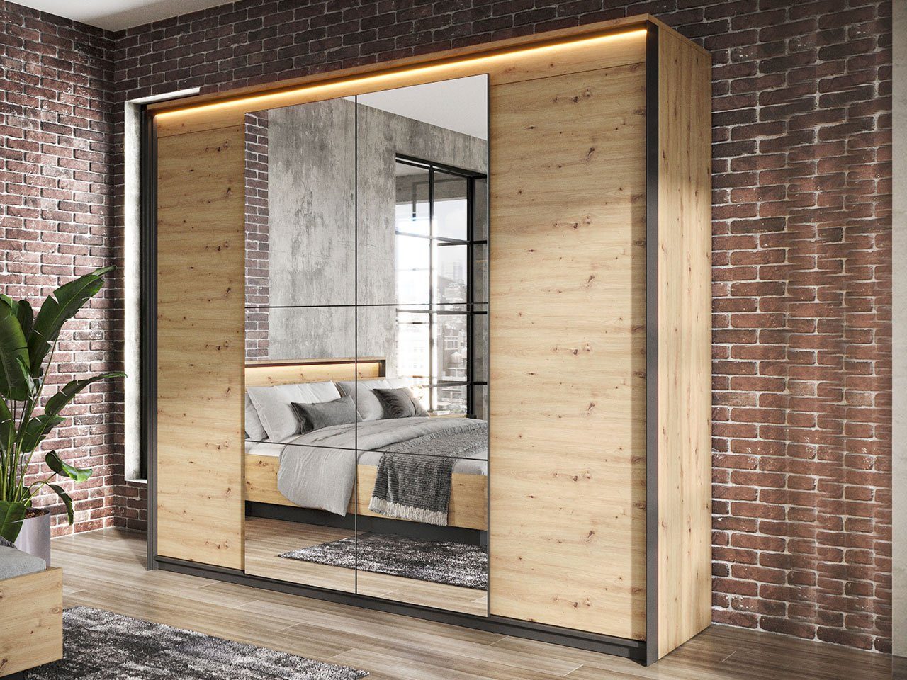 MIRJAN24 Kleiderschrank 4D Quant QS-05 (mit 4-Drehtüren) Frontspiegel 3 mm, LED-Beleuchtung